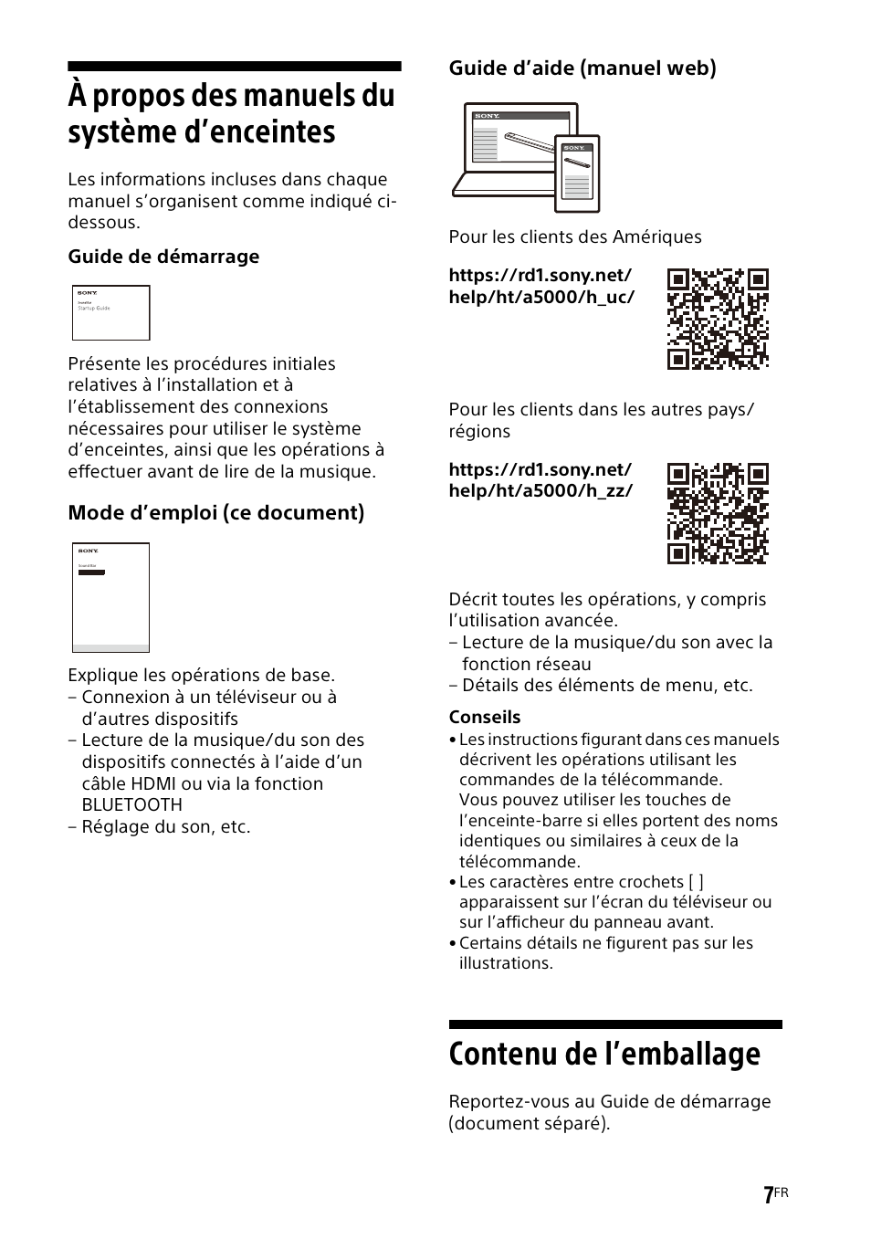 À propos des manuels du système d’enceintes, À propos des manuels du système, D’enceintes | Contenu de l’emballage | Sony UBP-X700M HDR 4K UHD Network Blu-ray Disc Player User Manual | Page 77 / 226