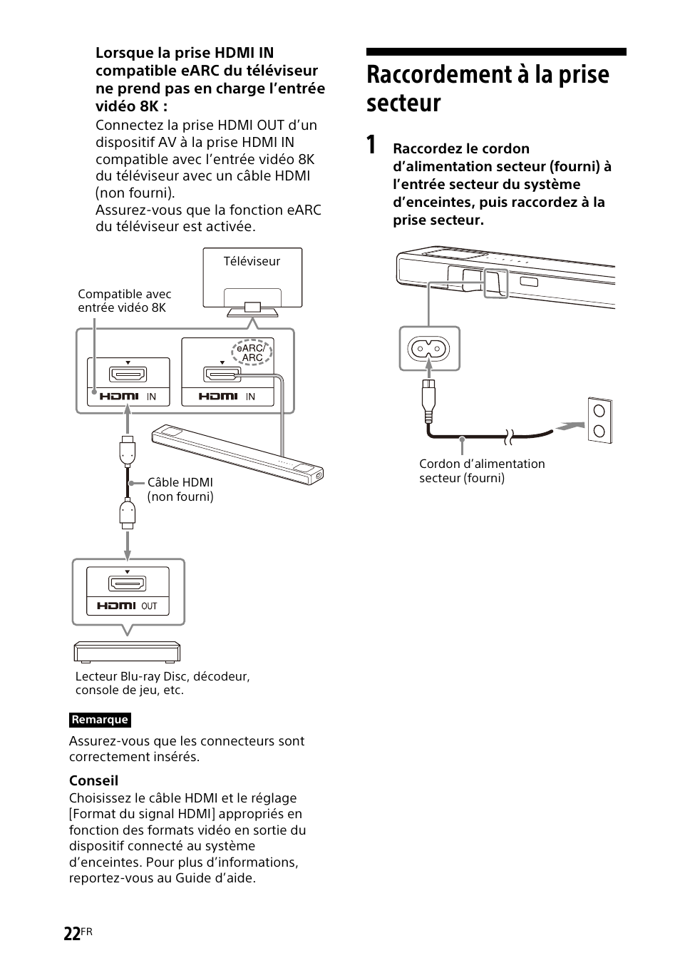 Raccordement à la prise secteur, Raccordement à la prise, Secteur | Sony UBP-X700M HDR 4K UHD Network Blu-ray Disc Player User Manual | Page 92 / 226