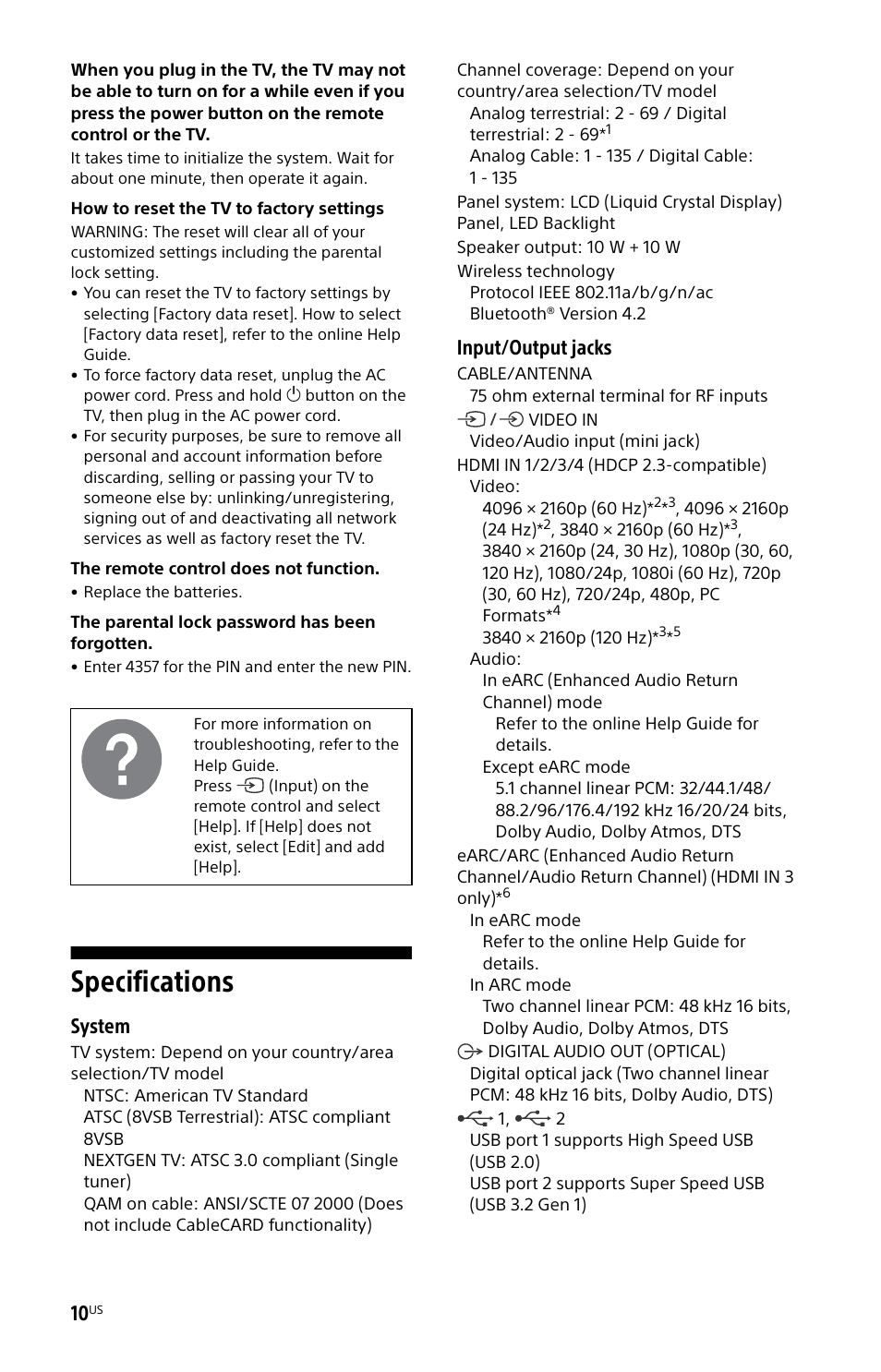 Specifications, System, Input/output jacks | Sony BDP-S6700 4K-Upscaling Blu-ray Disc Player with Wi-Fi User Manual | Page 10 / 44