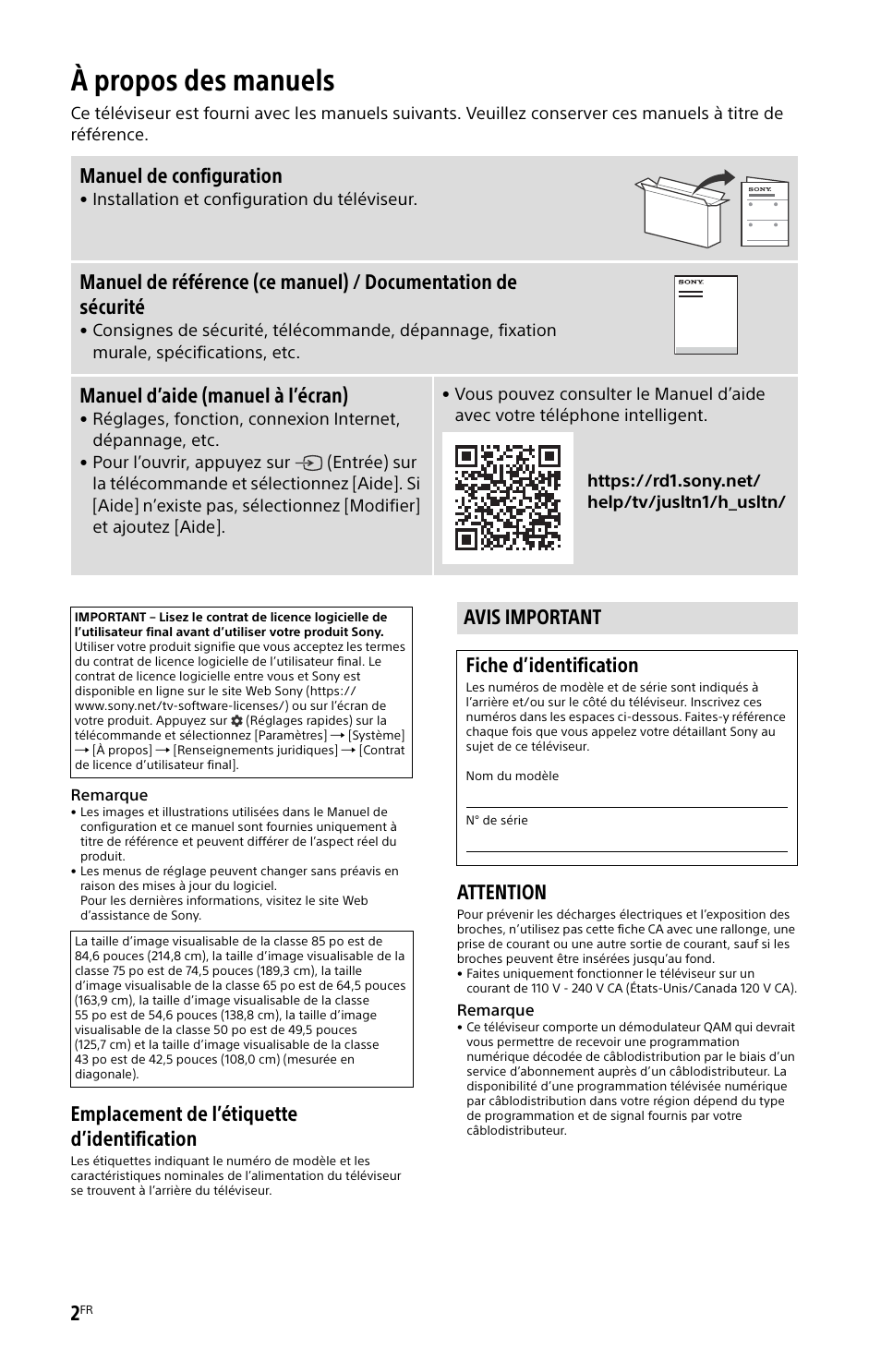 À propos des manuels, Avis important, Emplacement de l’étiquette d’identification | Attention, Manuel de configuration, Manuel d’aide (manuel à l’écran), Avis important fiche d’identification | Sony BDP-S6700 4K-Upscaling Blu-ray Disc Player with Wi-Fi User Manual | Page 14 / 44