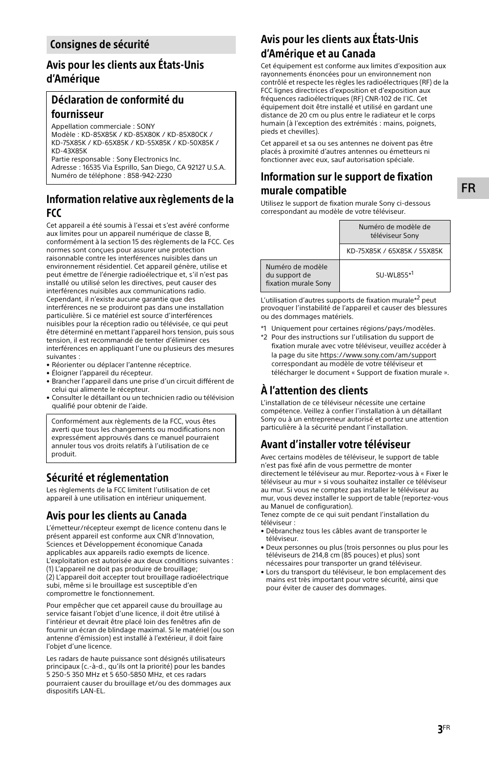 Consignes de sécurité, Sécurité et réglementation, Avis pour les clients au canada | À l’attention des clients, Avant d’installer votre téléviseur | Sony BDP-S6700 4K-Upscaling Blu-ray Disc Player with Wi-Fi User Manual | Page 15 / 44