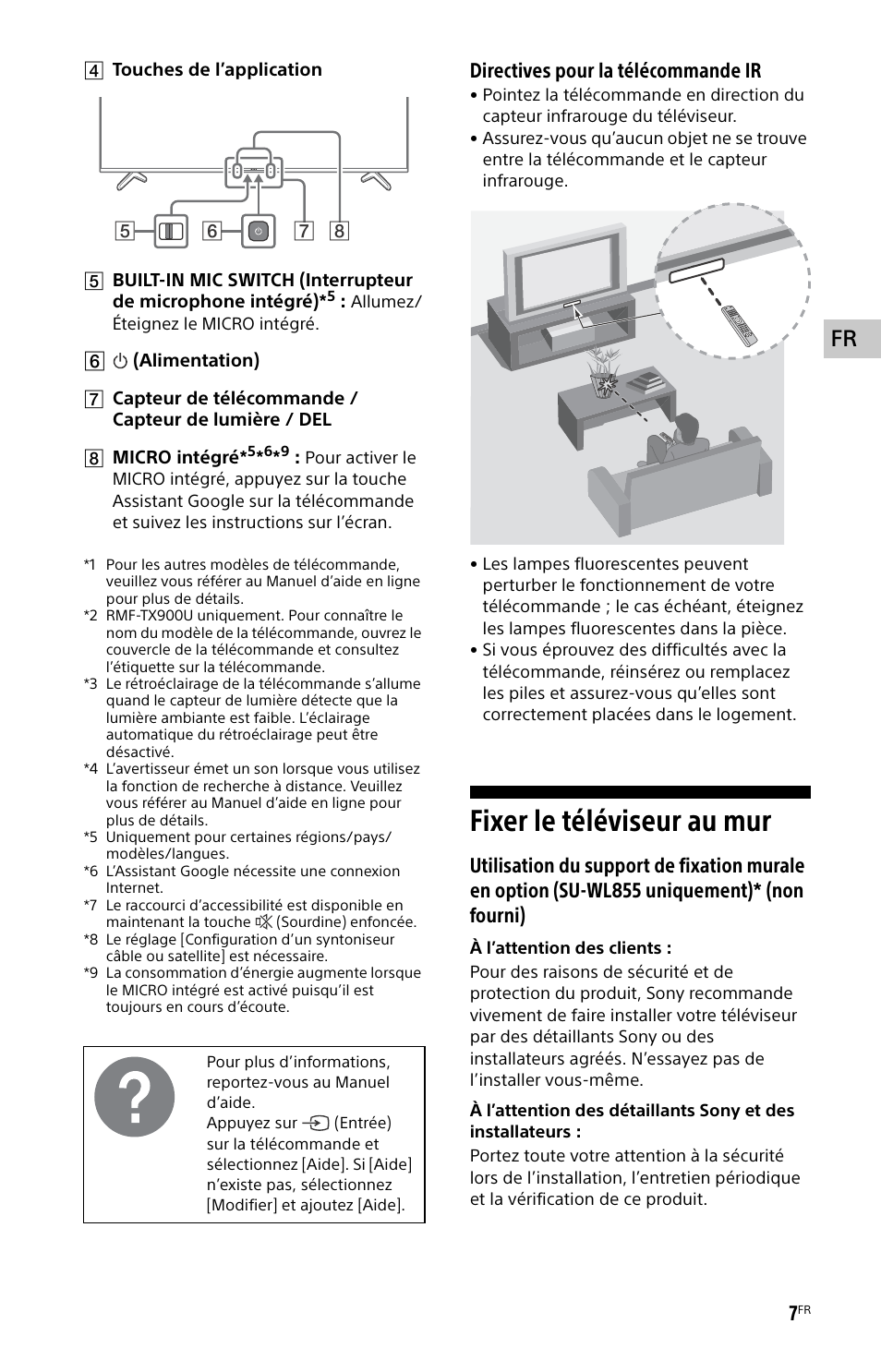 Fixer le téléviseur au mur, Directives pour la télécommande ir | Sony BDP-S6700 4K-Upscaling Blu-ray Disc Player with Wi-Fi User Manual | Page 19 / 44