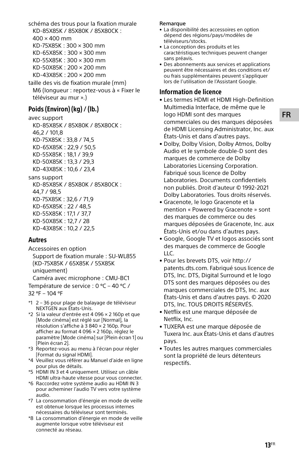 Poids (environ) (kg) / (lb.), Autres, Information de licence | Sony BDP-S6700 4K-Upscaling Blu-ray Disc Player with Wi-Fi User Manual | Page 25 / 44