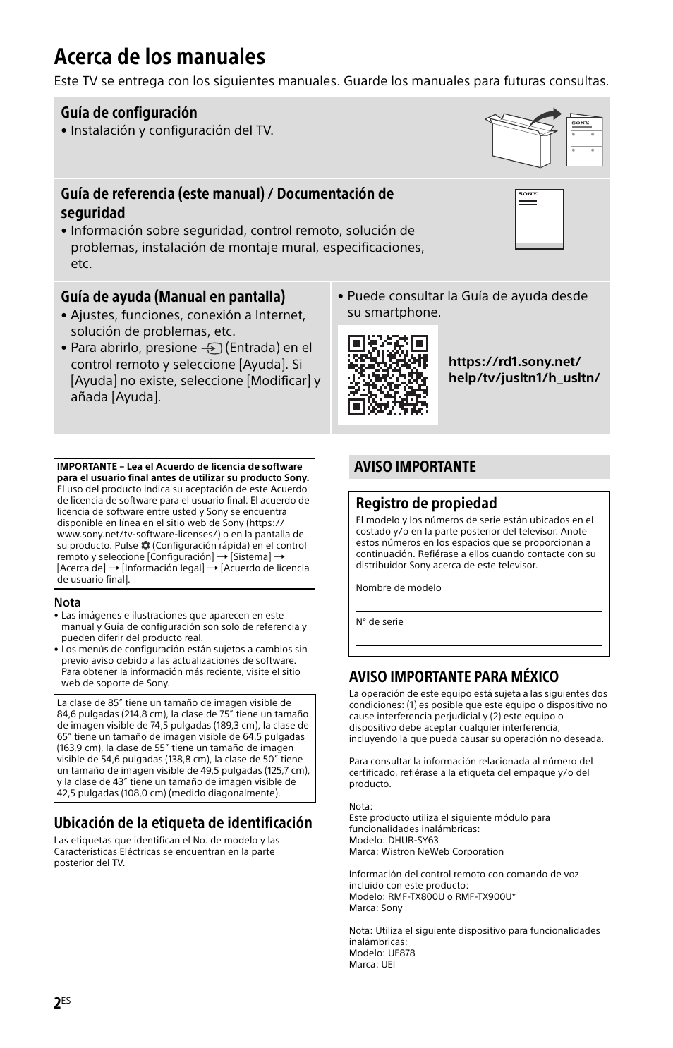 Acerca de los manuales, Aviso importante, Ubicación de la etiqueta de identificación | Aviso importante para méxico, Guía de configuración, Guía de ayuda (manual en pantalla), Aviso importante registro de propiedad | Sony BDP-S6700 4K-Upscaling Blu-ray Disc Player with Wi-Fi User Manual | Page 26 / 44