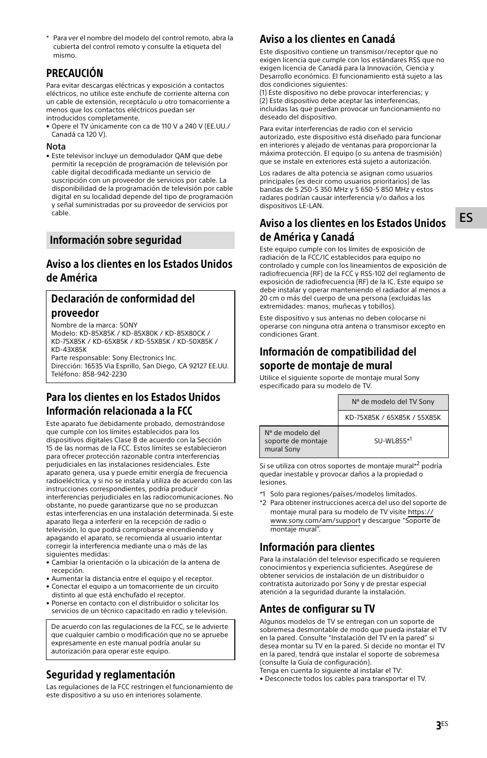 Información sobre seguridad, Precaución, Seguridad y reglamentación | Aviso a los clientes en canadá, Información para clientes, Antes de configurar su tv | Sony BDP-S6700 4K-Upscaling Blu-ray Disc Player with Wi-Fi User Manual | Page 27 / 44