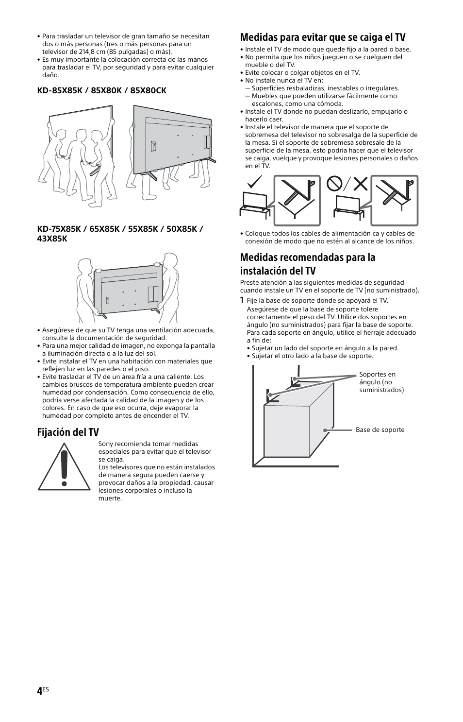 Fijación del tv, Medidas para evitar que se caiga el tv, Medidas recomendadas para la instalación del tv | Sony BDP-S6700 4K-Upscaling Blu-ray Disc Player with Wi-Fi User Manual | Page 28 / 44