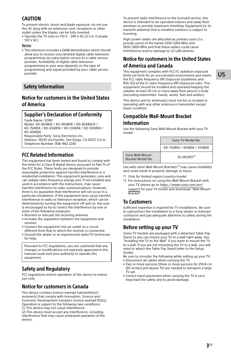Safety information, Caution, Safety and regulatory | Notice for customers in canada, Compatible wall-mount bracket information, Before setting up your tv | Sony BDP-S6700 4K-Upscaling Blu-ray Disc Player with Wi-Fi User Manual | Page 3 / 44