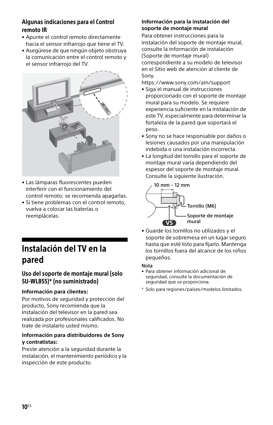 Instalación del tv en la pared, Algunas indicaciones para el control remoto ir | Sony BDP-S6700 4K-Upscaling Blu-ray Disc Player with Wi-Fi User Manual | Page 34 / 44