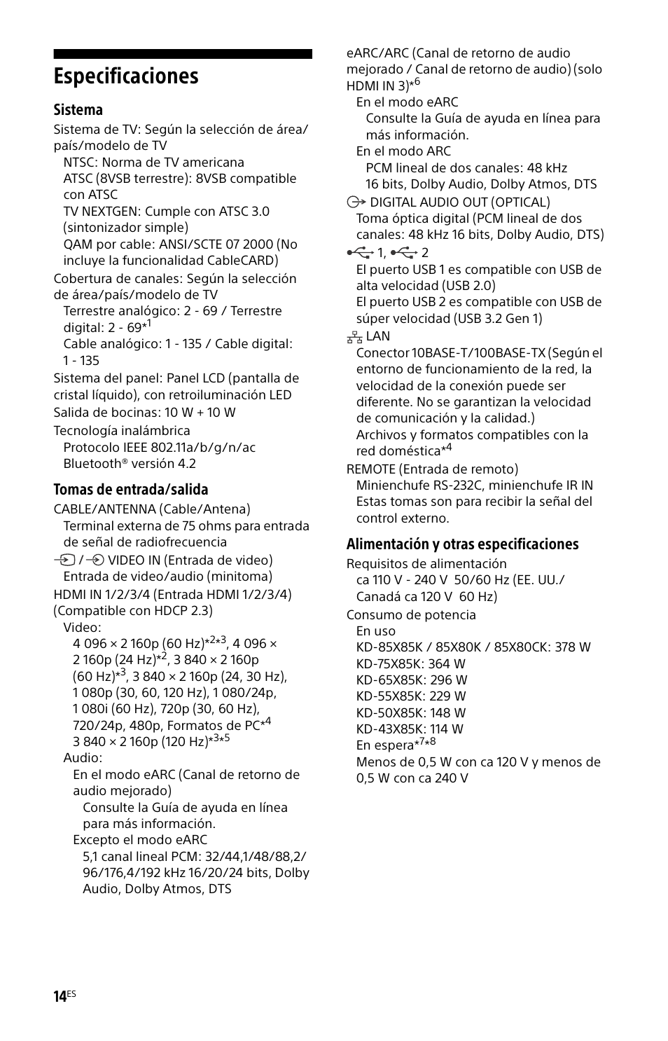 Especificaciones, Sistema, Tomas de entrada/salida | Alimentación y otras especificaciones | Sony BDP-S6700 4K-Upscaling Blu-ray Disc Player with Wi-Fi User Manual | Page 38 / 44