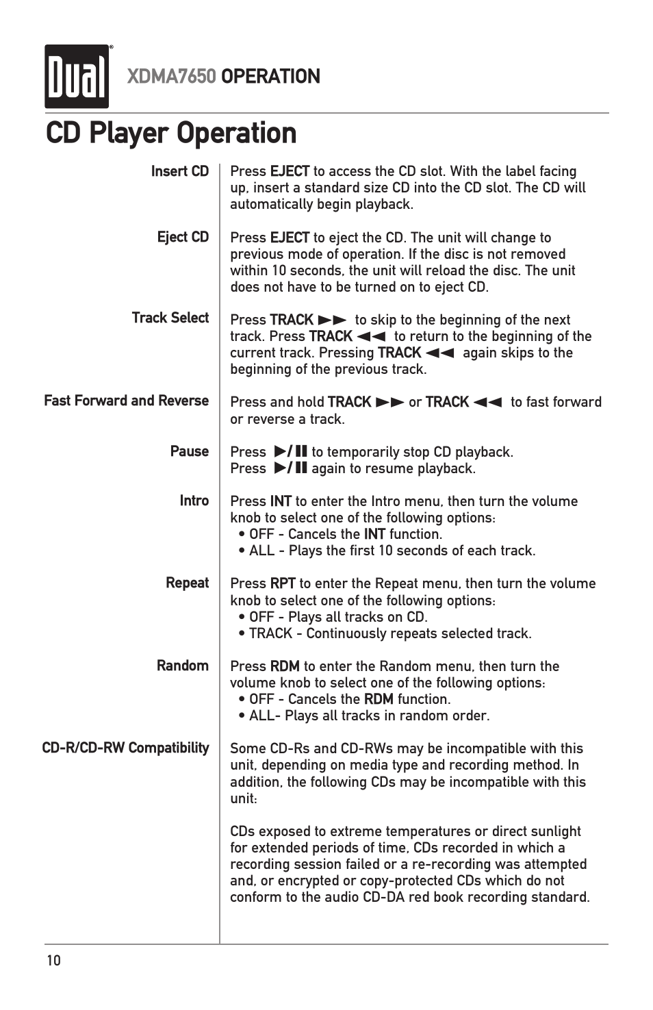 Cd player operation, Xdma7650 operation | Dual XDMA7650 User Manual | Page 10 / 28