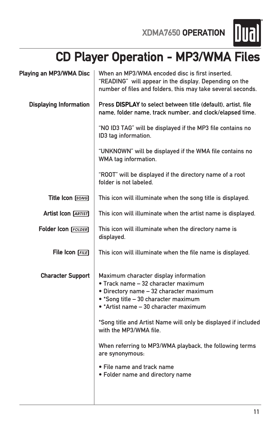 Cd player operation - mp3/wma files, Xdma7650 operation | Dual XDMA7650 User Manual | Page 11 / 28