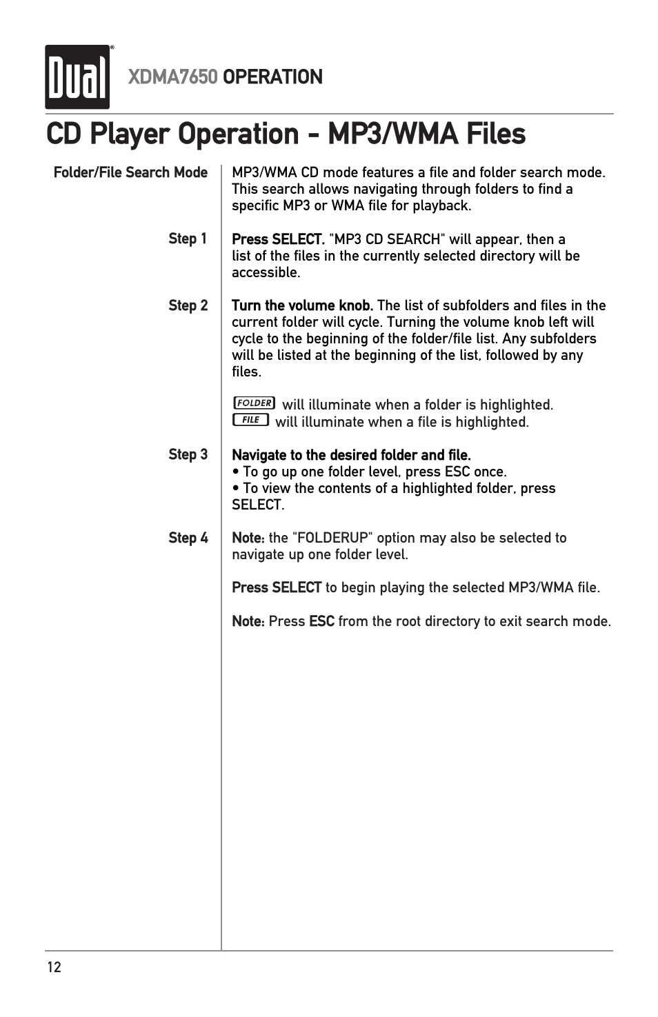 Cd player operation - mp3/wma files, Xdma7650 operation | Dual XDMA7650 User Manual | Page 12 / 28