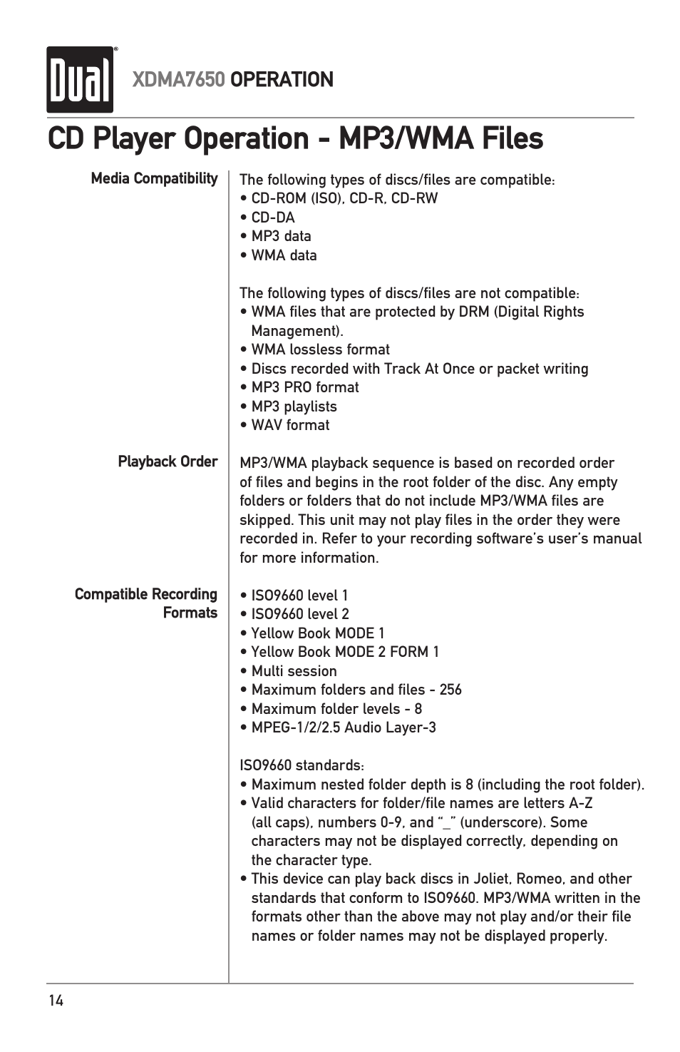 Cd player operation - mp3/wma files, Xdma7650 operation | Dual XDMA7650 User Manual | Page 14 / 28