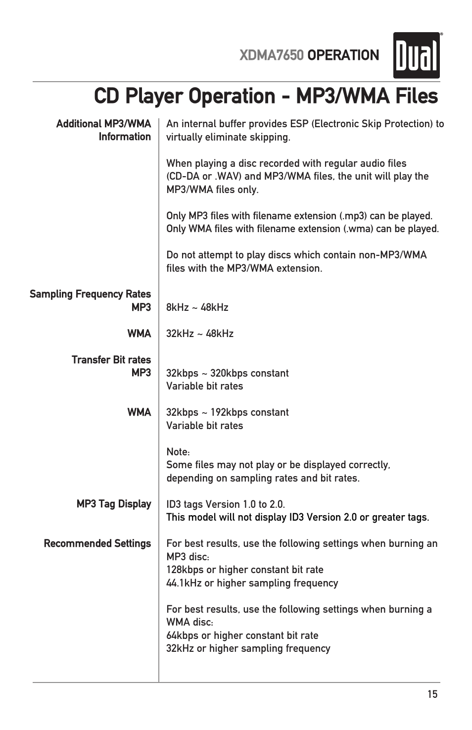 Cd player operation - mp3/wma files, Xdma7650 operation | Dual XDMA7650 User Manual | Page 15 / 28