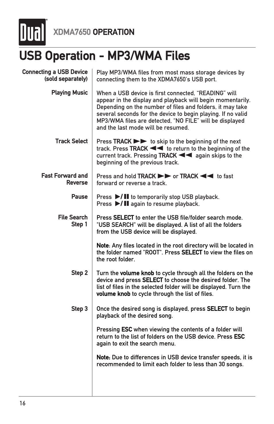 Usb operation - mp3/wma files | Dual XDMA7650 User Manual | Page 16 / 28