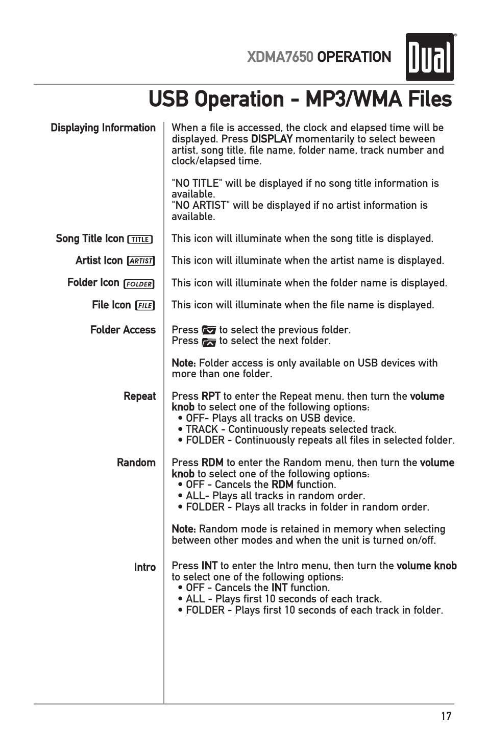 Usb operation - mp3/wma files, Xdma7650 operation | Dual XDMA7650 User Manual | Page 17 / 28