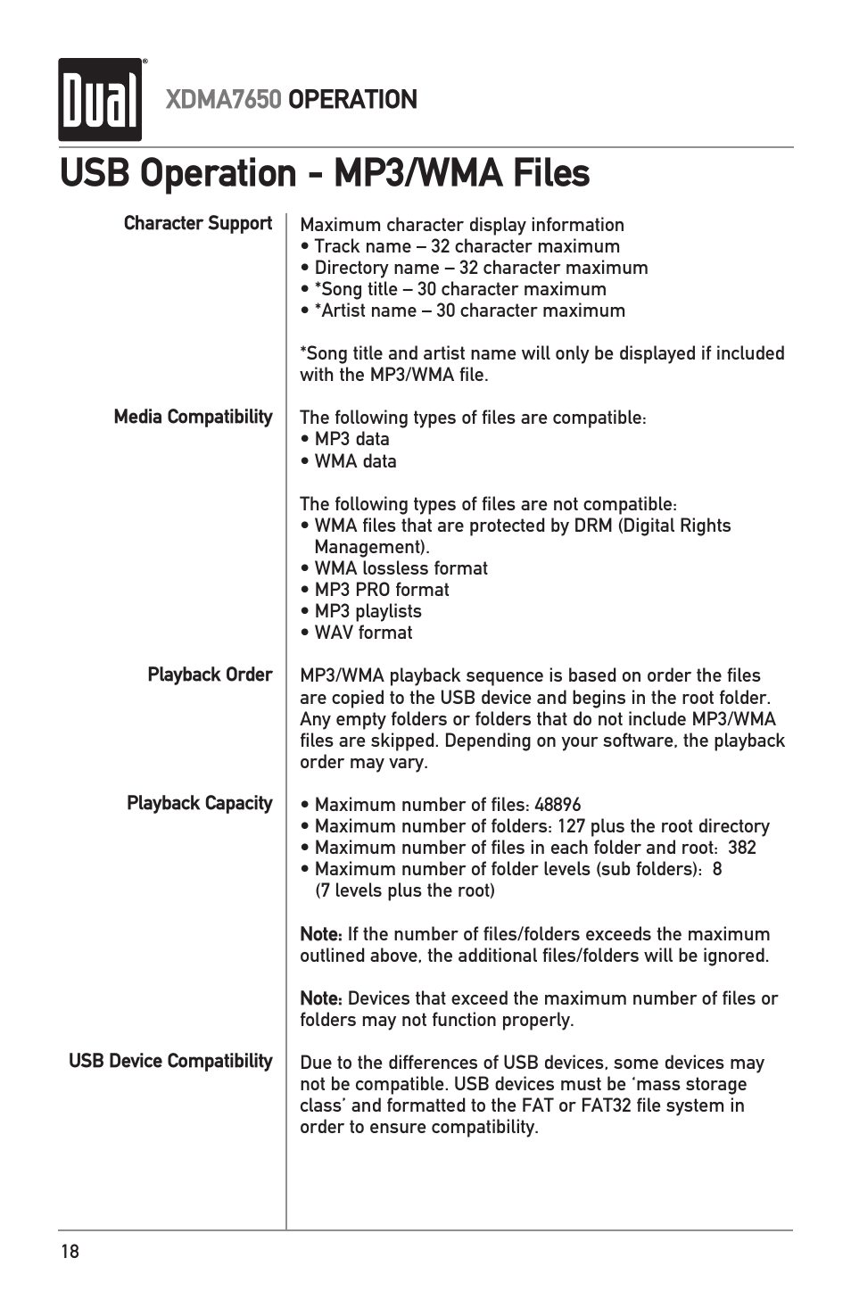 Usb operation - mp3/wma files, Xdma7650 operation | Dual XDMA7650 User Manual | Page 18 / 28