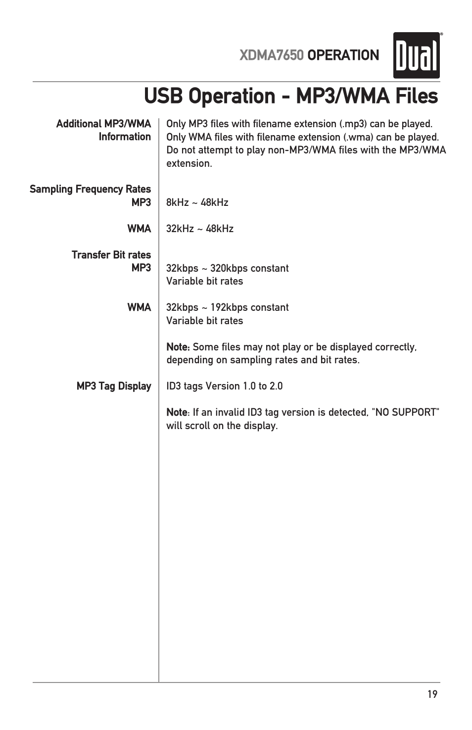 Usb operation - mp3/wma files, Xdma7650 operation | Dual XDMA7650 User Manual | Page 19 / 28