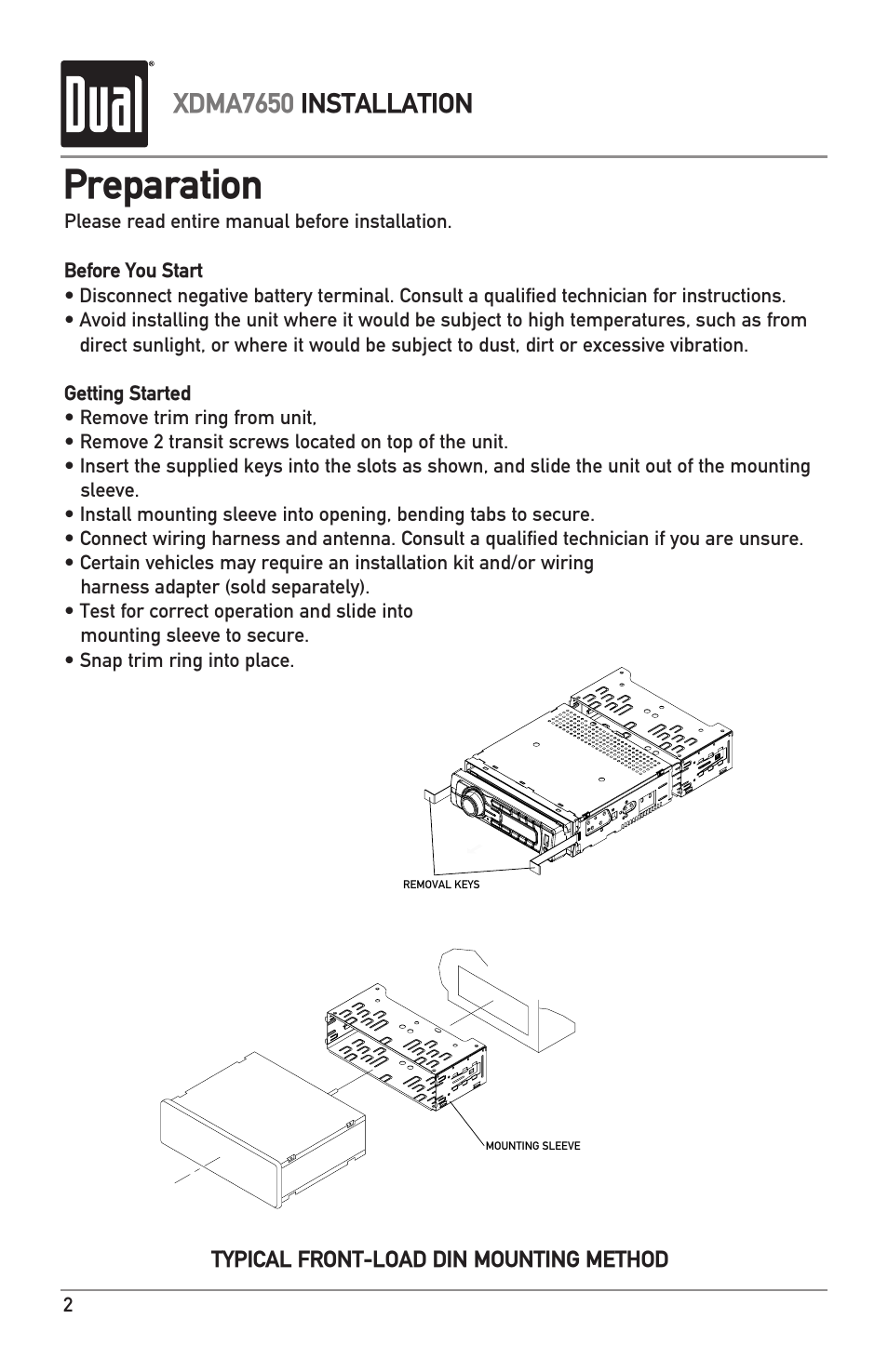 Preparation, Xdma7650 installation | Dual XDMA7650 User Manual | Page 2 / 28