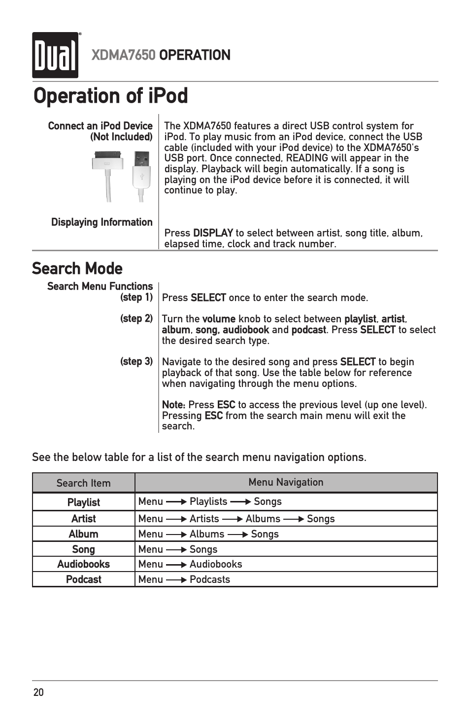 Operation of ipod, Search mode, Xdma7650 operation | Dual XDMA7650 User Manual | Page 20 / 28