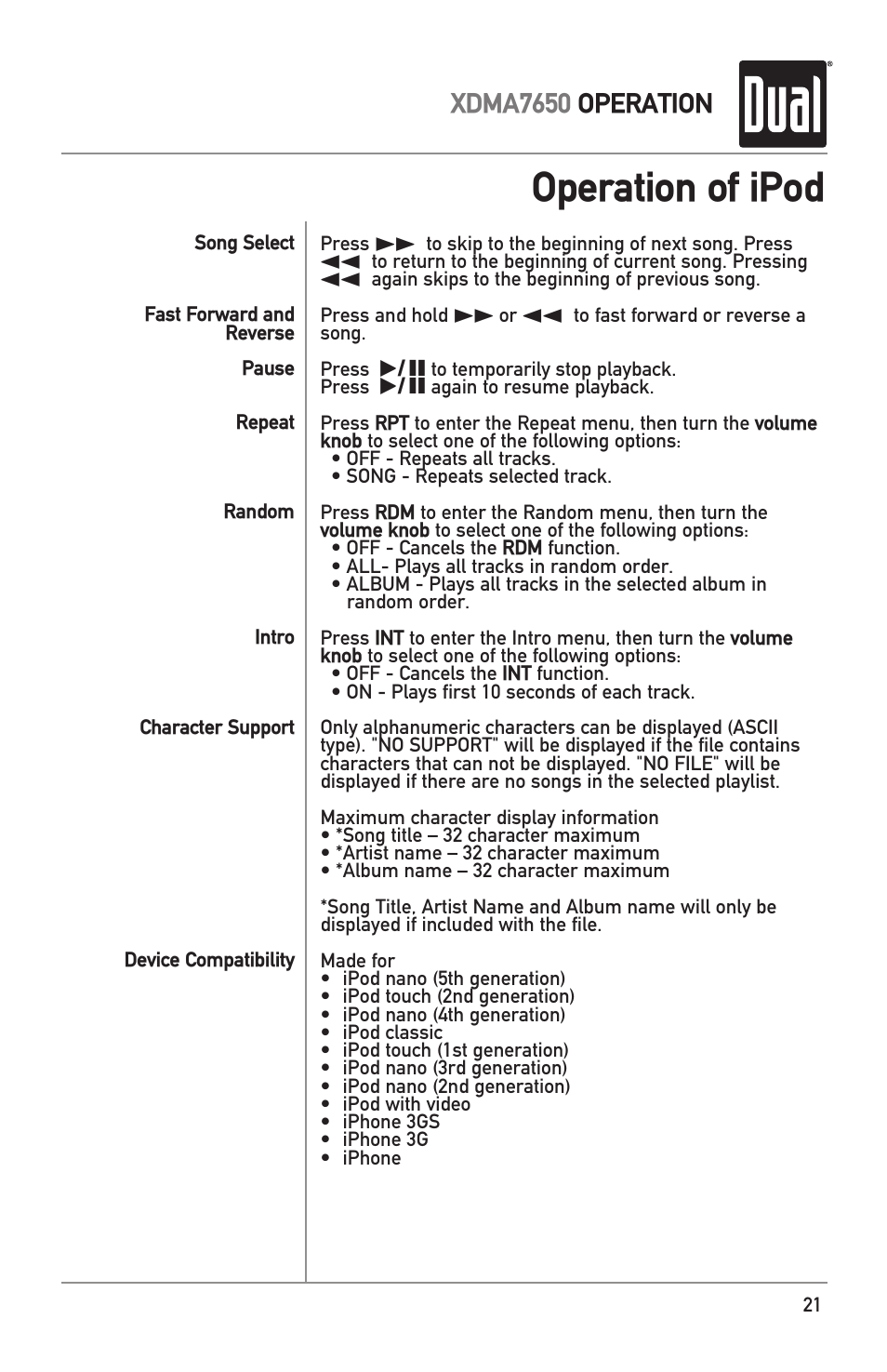 Operation of ipod, Xdma7650 operation | Dual XDMA7650 User Manual | Page 21 / 28