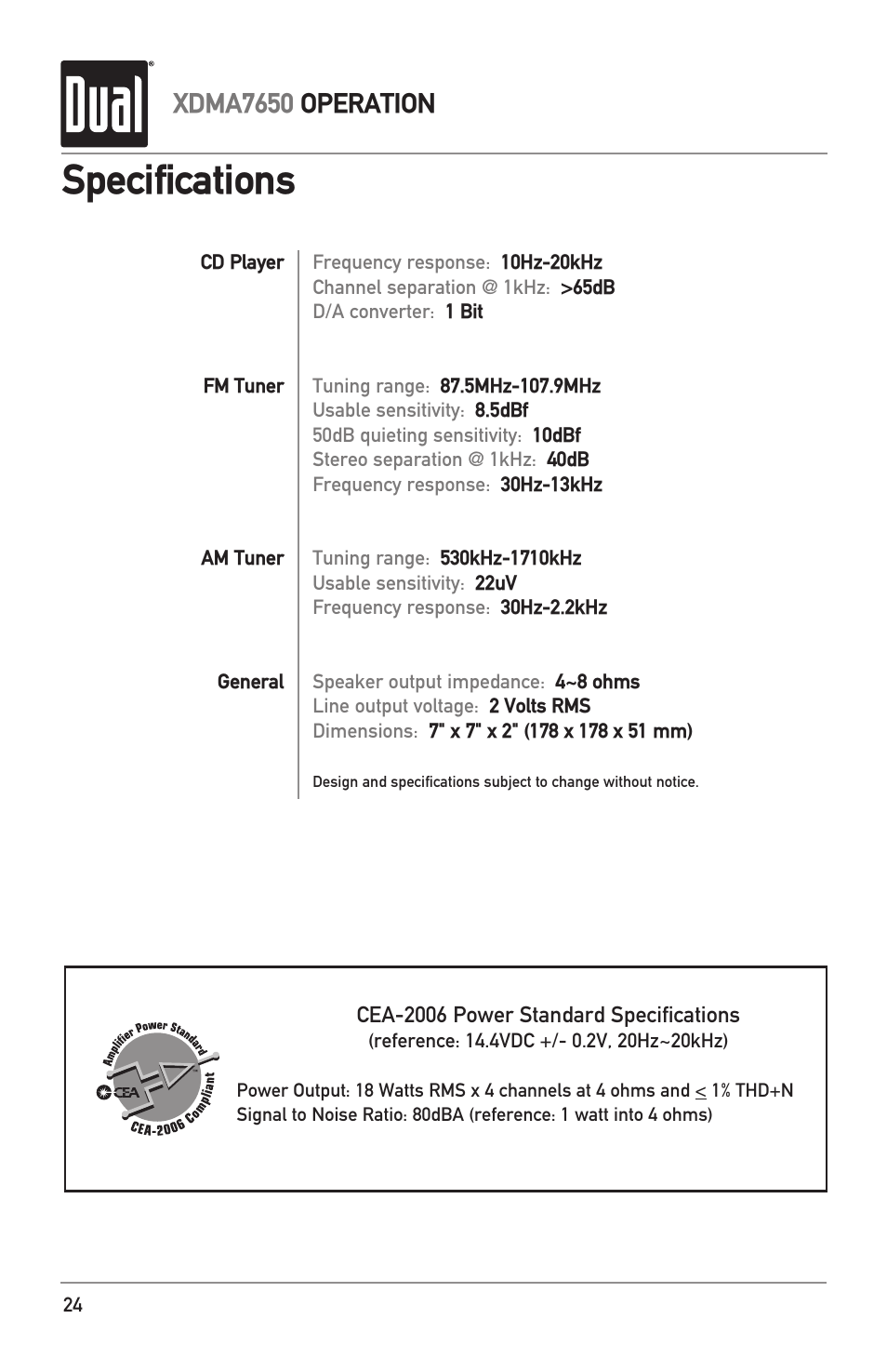 Specifications, Xdma7650 operation | Dual XDMA7650 User Manual | Page 24 / 28