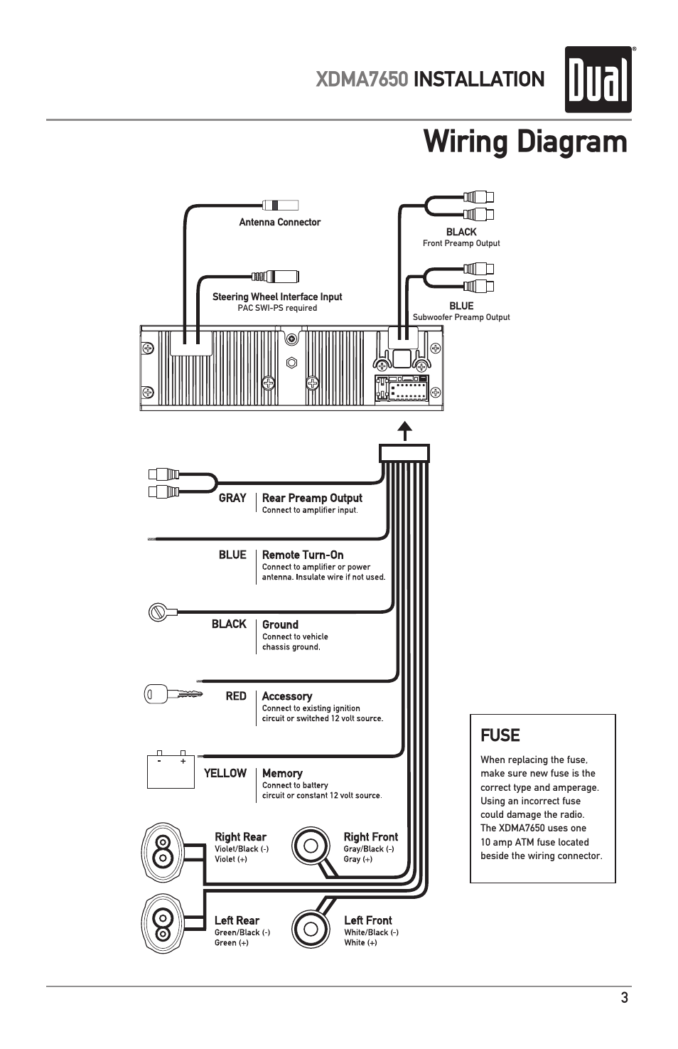 Wiring diagram, Xdma7650 installation, Fuse | Dual XDMA7650 User Manual | Page 3 / 28