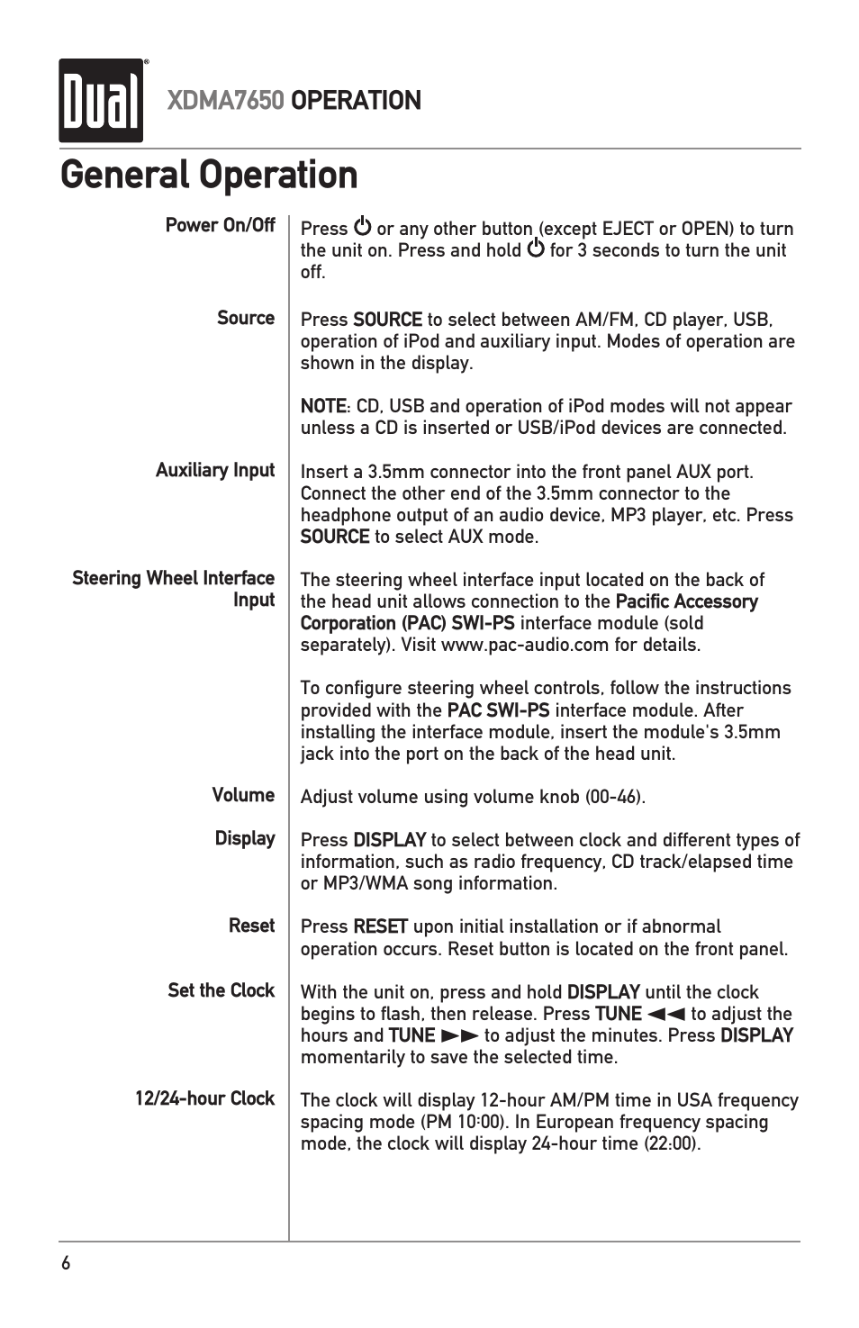 General operation, Xdma7650 operation | Dual XDMA7650 User Manual | Page 6 / 28