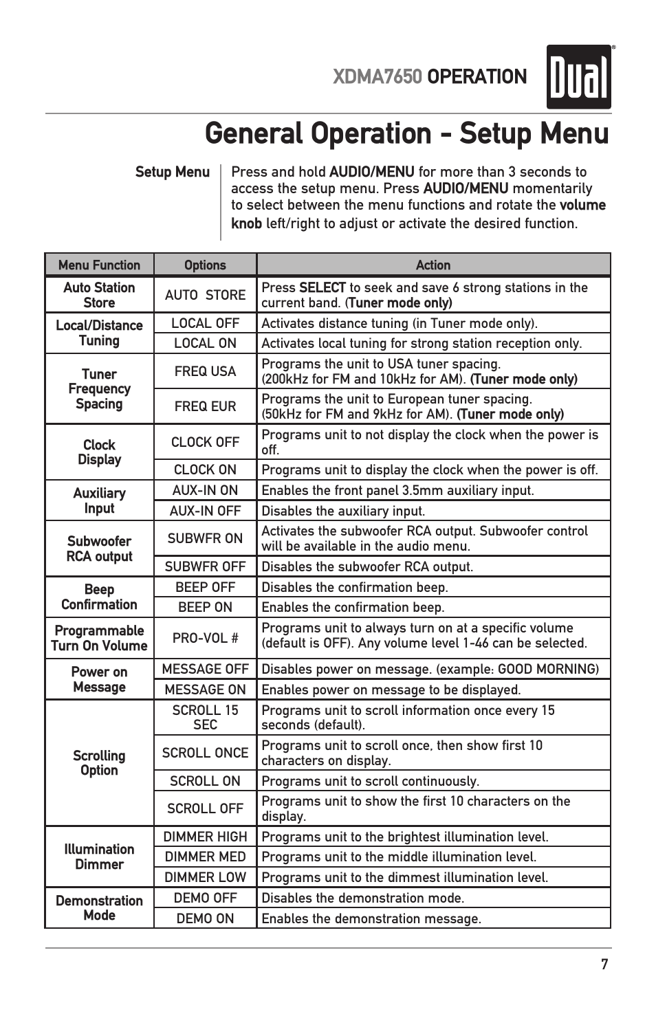 General operation - setup menu, Xdma7650 operation | Dual XDMA7650 User Manual | Page 7 / 28