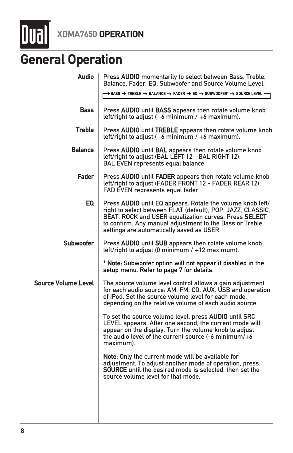 General operation, Xdma7650 operation | Dual XDMA7650 User Manual | Page 8 / 28