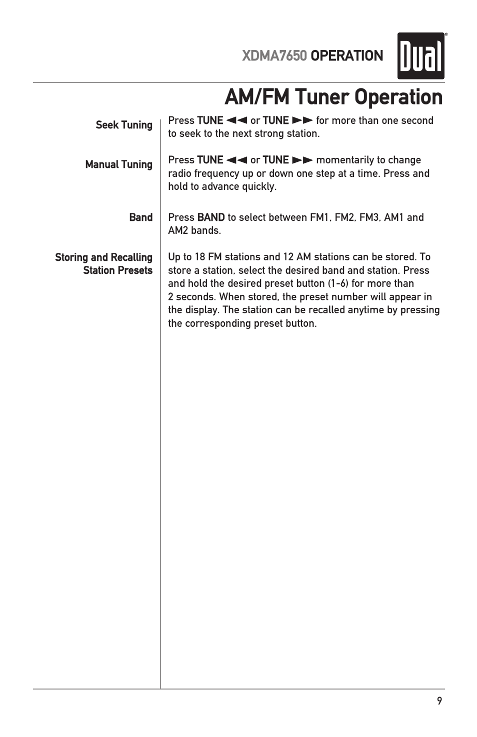 Am/fm tuner operation | Dual XDMA7650 User Manual | Page 9 / 28