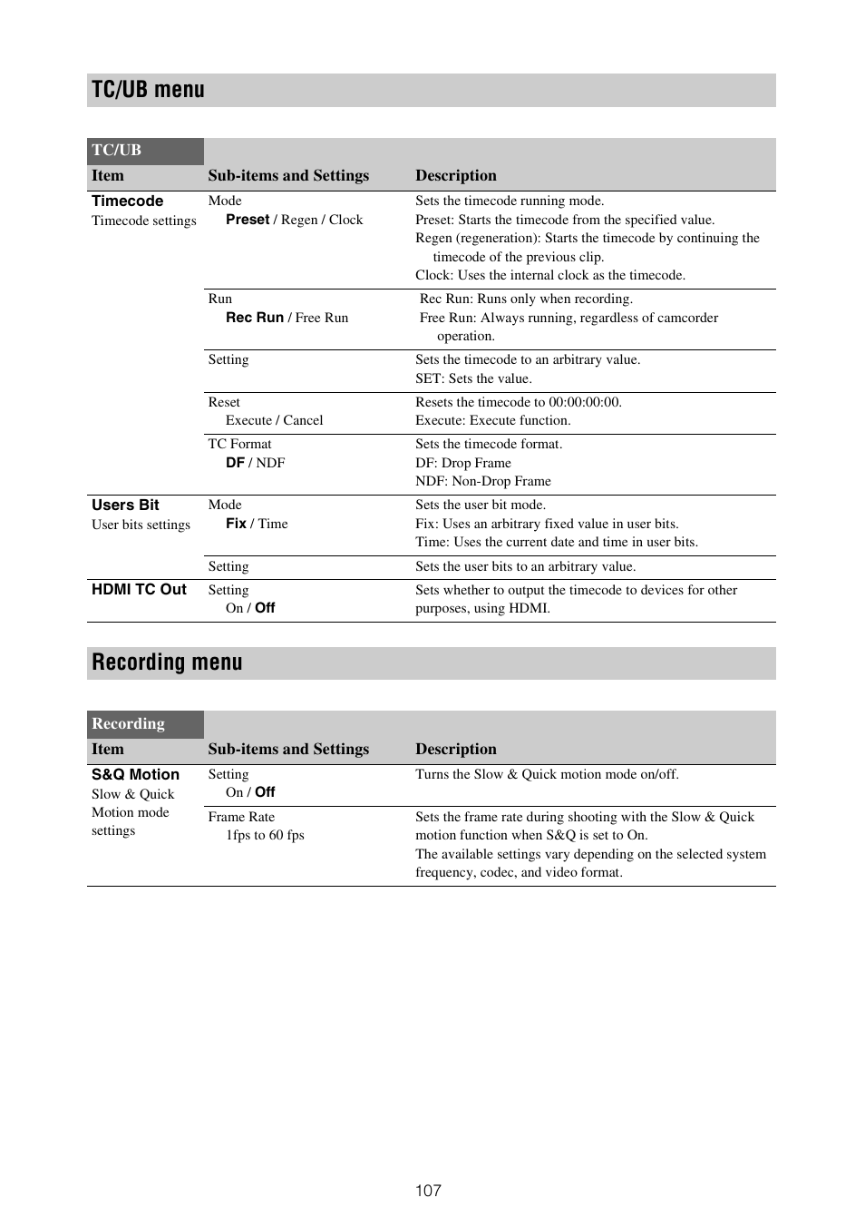 Tc/ub menu recording menu, Ding, Tc/ub menu | Recording menu | Sony XDCA-FX9 Extension Unit for PXW-FX9 Camera User Manual | Page 107 / 154