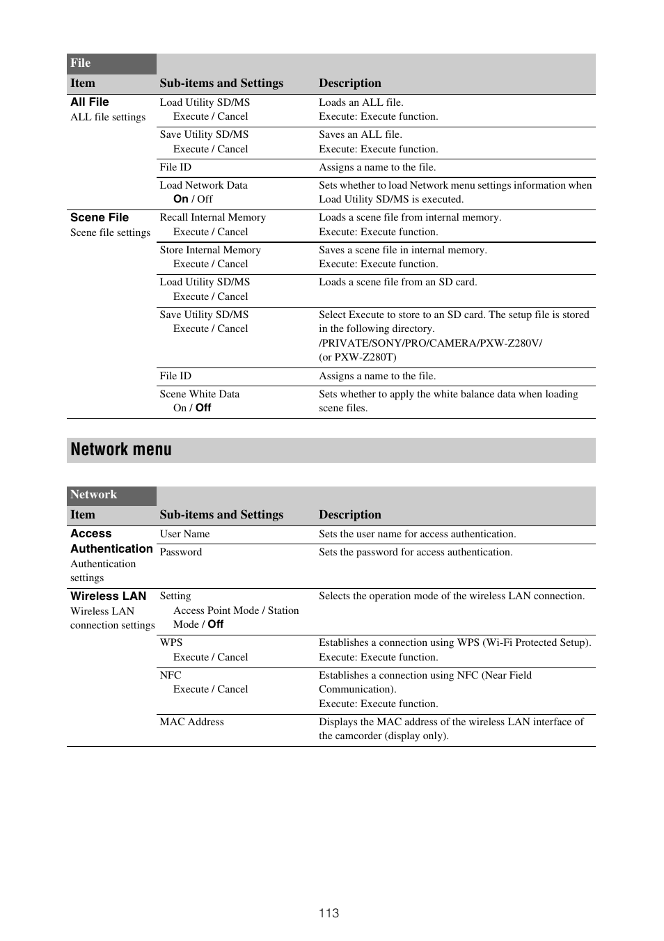 Network menu | Sony XDCA-FX9 Extension Unit for PXW-FX9 Camera User Manual | Page 113 / 154