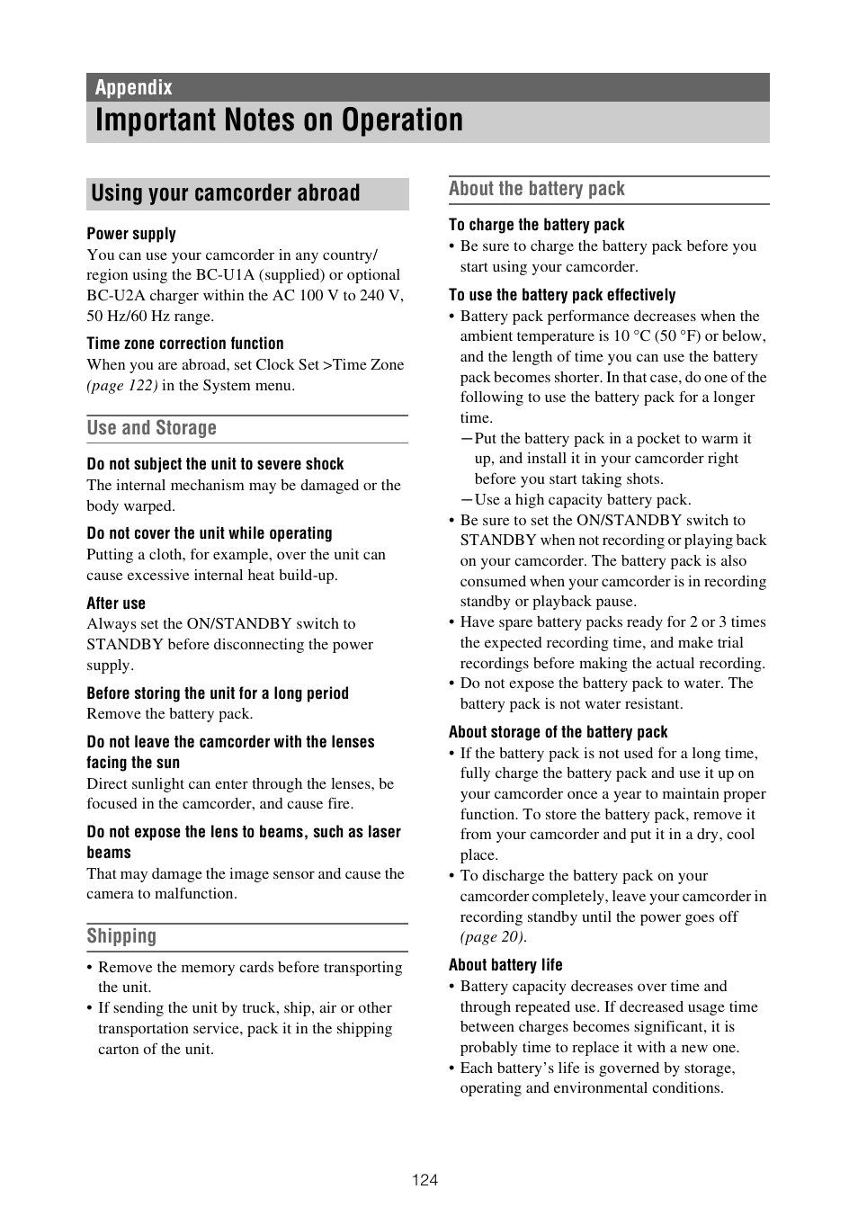 Appendix, Important notes on operation, Using your camcorder abroad | Sony XDCA-FX9 Extension Unit for PXW-FX9 Camera User Manual | Page 124 / 154