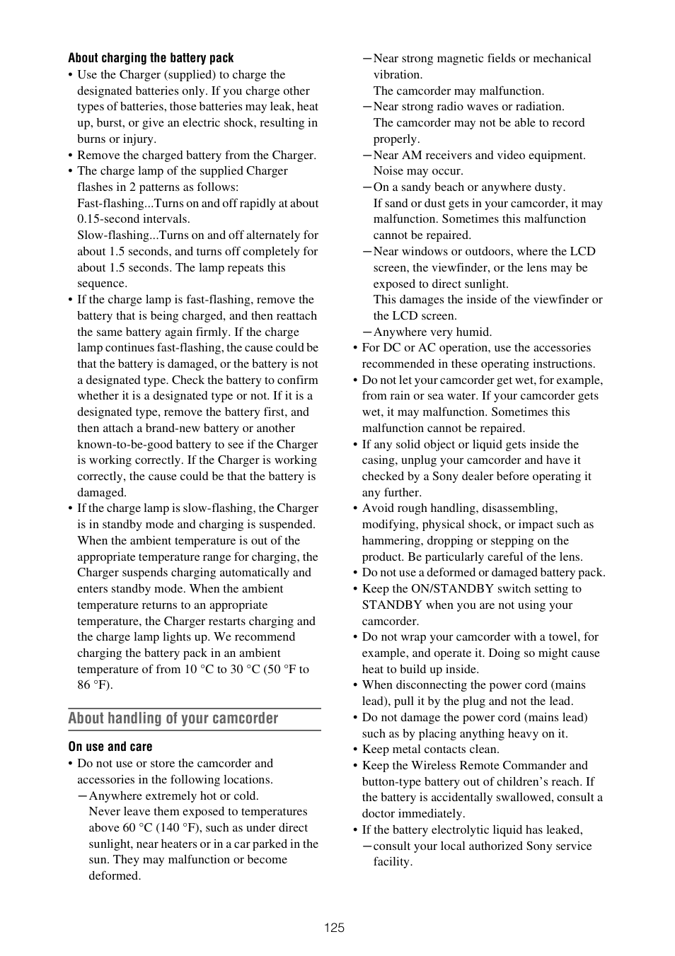 About handling of your camcorder | Sony XDCA-FX9 Extension Unit for PXW-FX9 Camera User Manual | Page 125 / 154