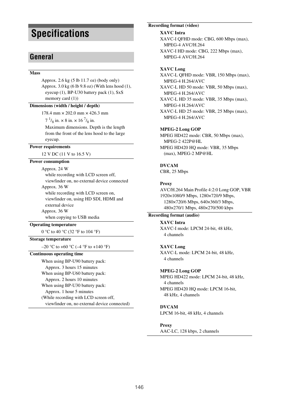 Specifications, General | Sony XDCA-FX9 Extension Unit for PXW-FX9 Camera User Manual | Page 146 / 154