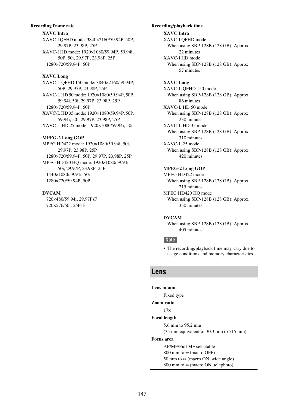 Lens | Sony XDCA-FX9 Extension Unit for PXW-FX9 Camera User Manual | Page 147 / 154