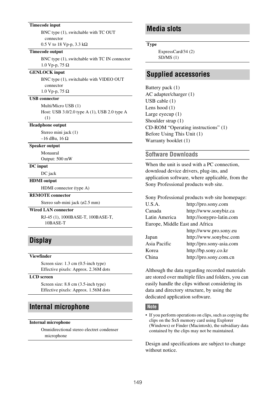 Display, Internal microphone, Media slots | Supplied accessories, Software downloads | Sony XDCA-FX9 Extension Unit for PXW-FX9 Camera User Manual | Page 149 / 154