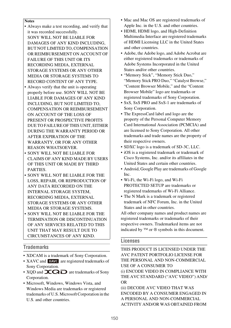 Trademarks, Licenses | Sony XDCA-FX9 Extension Unit for PXW-FX9 Camera User Manual | Page 150 / 154