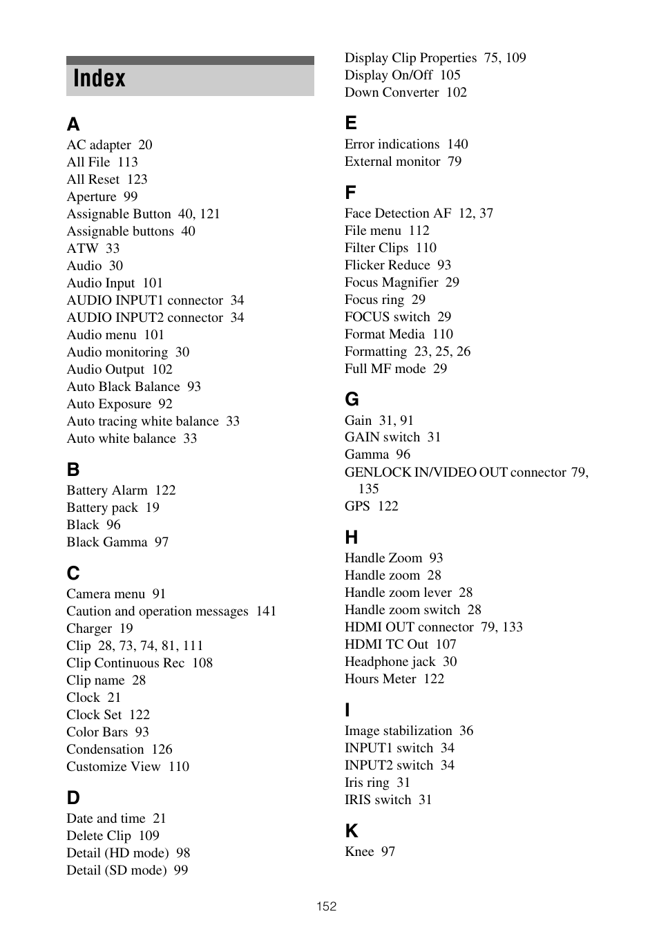 Index | Sony XDCA-FX9 Extension Unit for PXW-FX9 Camera User Manual | Page 152 / 154