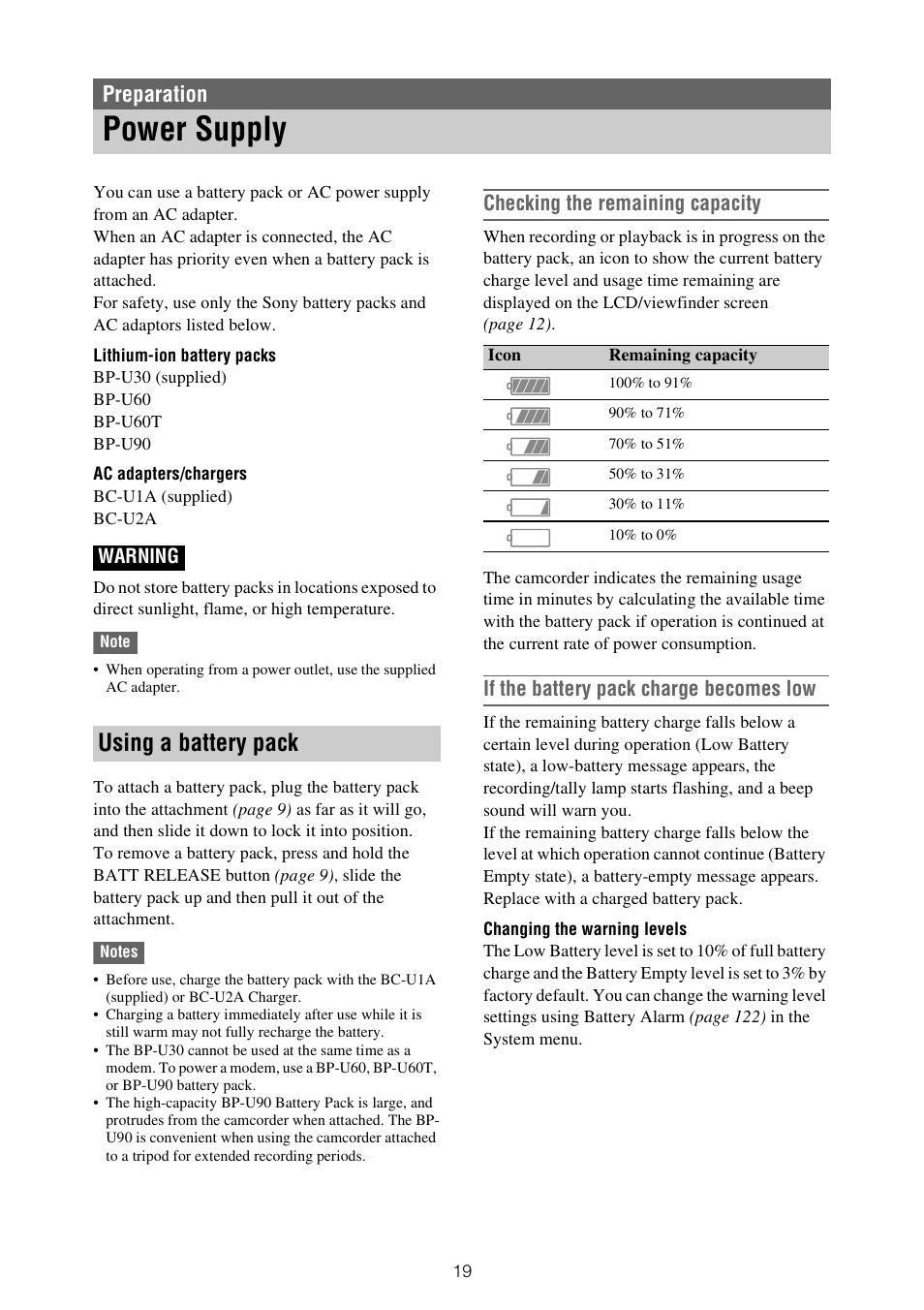 Preparation, Power supply, Using a battery pack | Checking the remaining capacity, If the battery pack charge becomes low | Sony XDCA-FX9 Extension Unit for PXW-FX9 Camera User Manual | Page 19 / 154