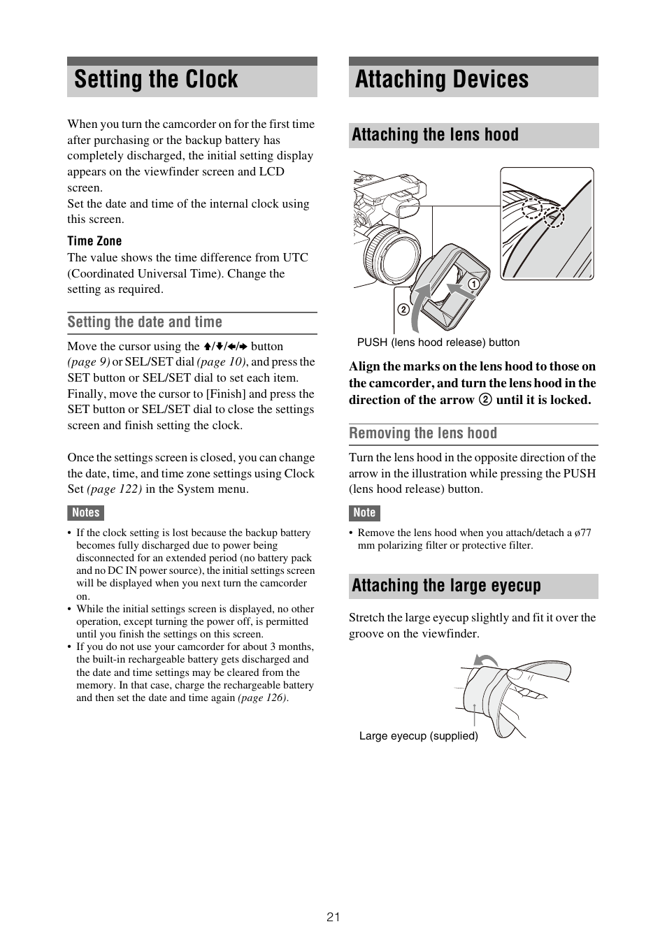 Setting the clock, Attaching devices, Attaching the lens hood attaching the large eyecup | Setting the clock attaching devices | Sony XDCA-FX9 Extension Unit for PXW-FX9 Camera User Manual | Page 21 / 154