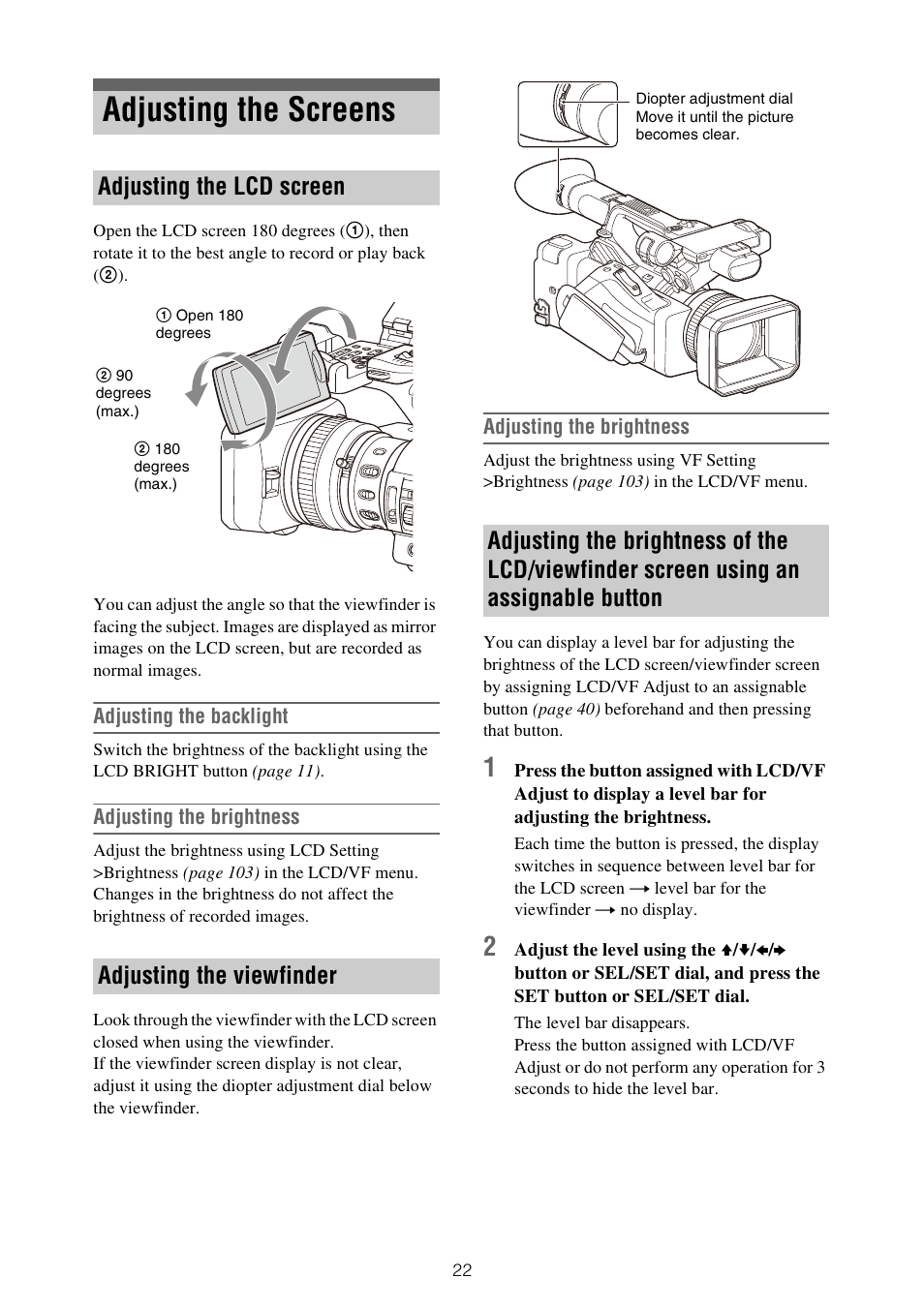 Adjusting the screens, Screen using an assignable button, Adjusting the lcd screen adjusting the viewfinder | Sony XDCA-FX9 Extension Unit for PXW-FX9 Camera User Manual | Page 22 / 154