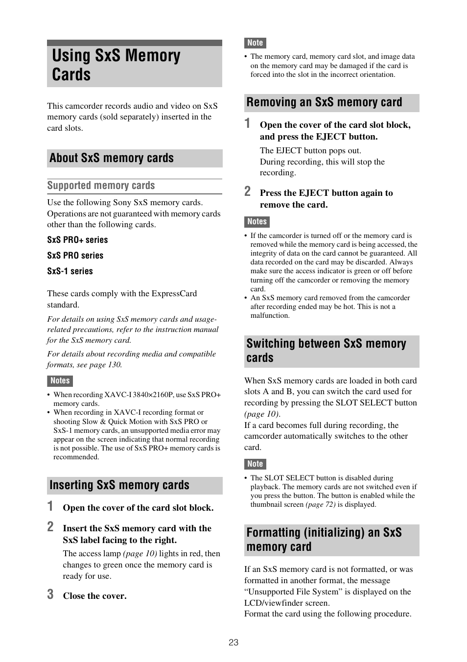 Using sxs memory cards | Sony XDCA-FX9 Extension Unit for PXW-FX9 Camera User Manual | Page 23 / 154