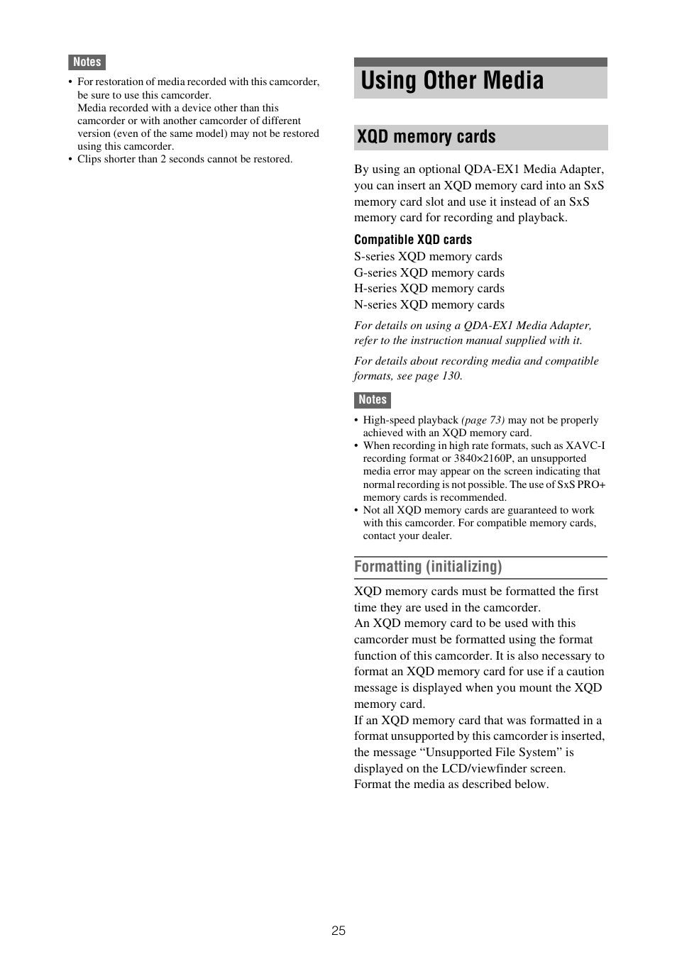 Using other media, Xqd memory cards, Formatting (initializing) | Sony XDCA-FX9 Extension Unit for PXW-FX9 Camera User Manual | Page 25 / 154