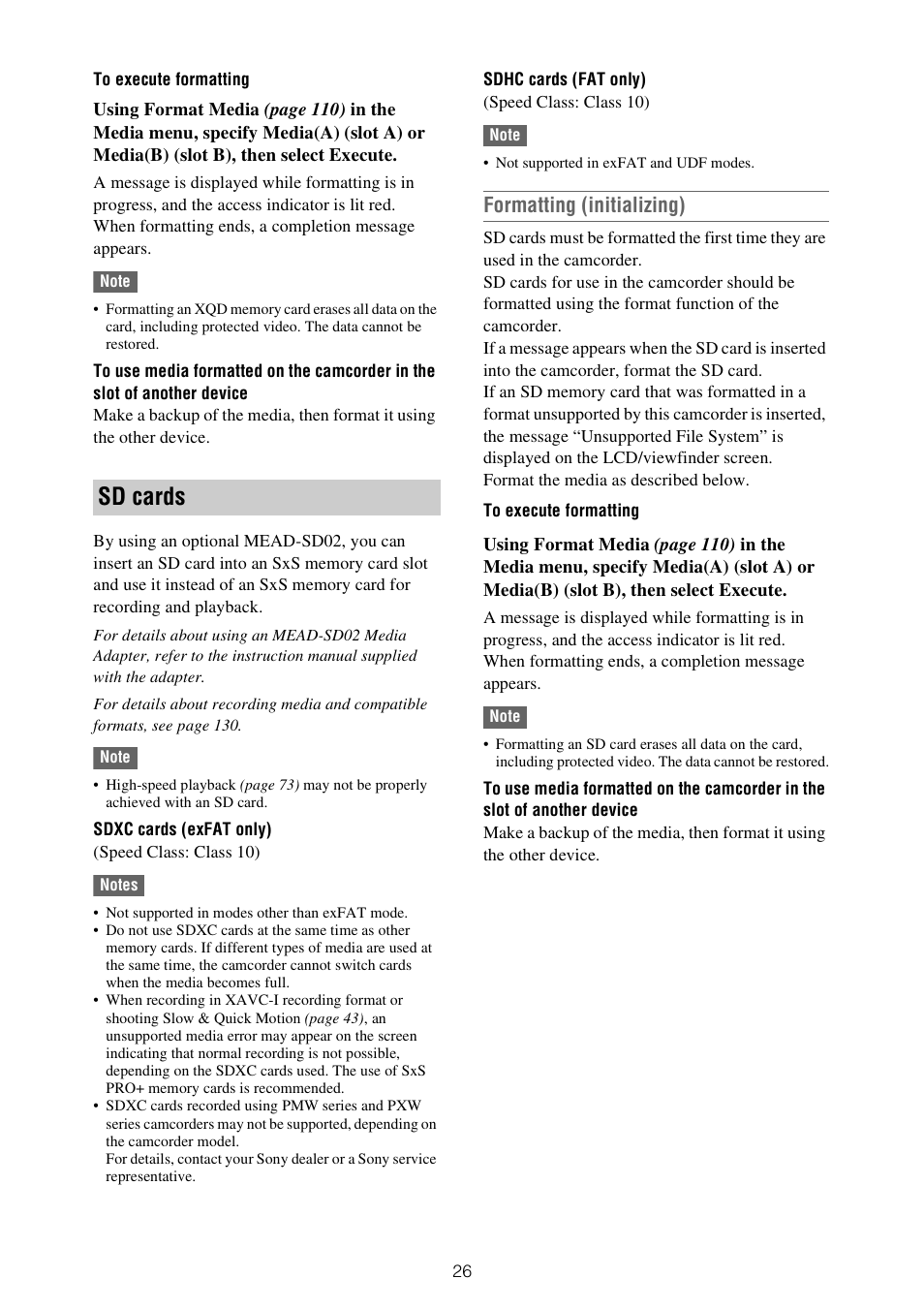 Sd cards, Formatting (initializing) | Sony XDCA-FX9 Extension Unit for PXW-FX9 Camera User Manual | Page 26 / 154