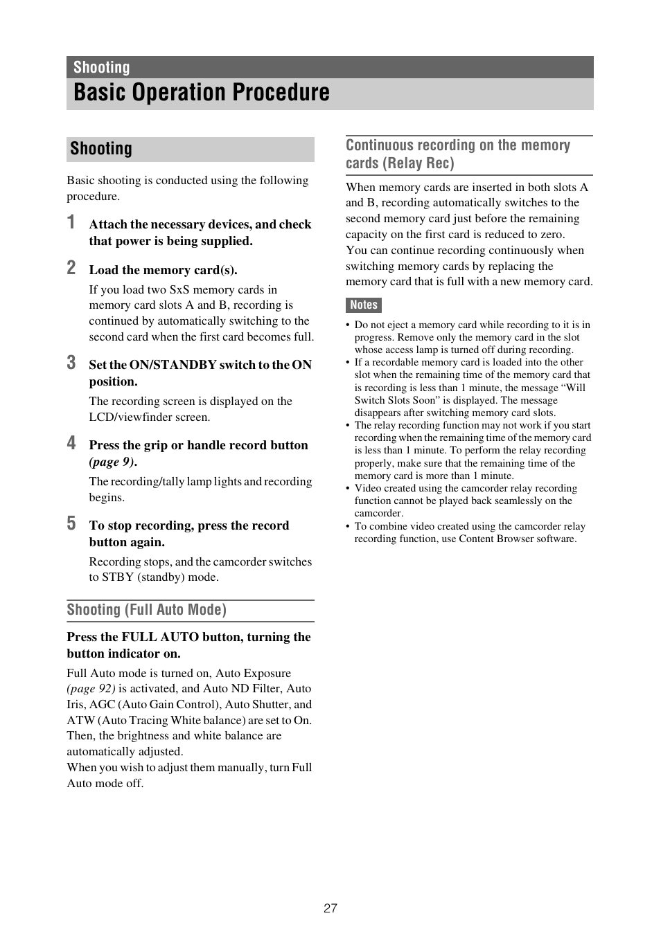 Shooting, Basic operation procedure | Sony XDCA-FX9 Extension Unit for PXW-FX9 Camera User Manual | Page 27 / 154