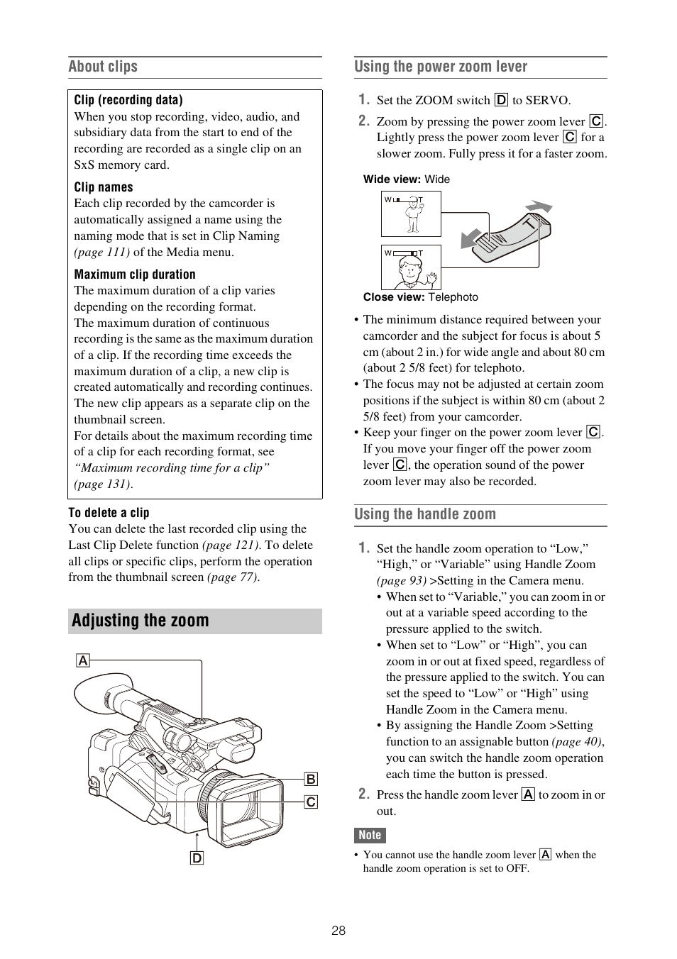 Adjusting the zoom, About clips, Using the power zoom lever | Using the handle zoom | Sony XDCA-FX9 Extension Unit for PXW-FX9 Camera User Manual | Page 28 / 154