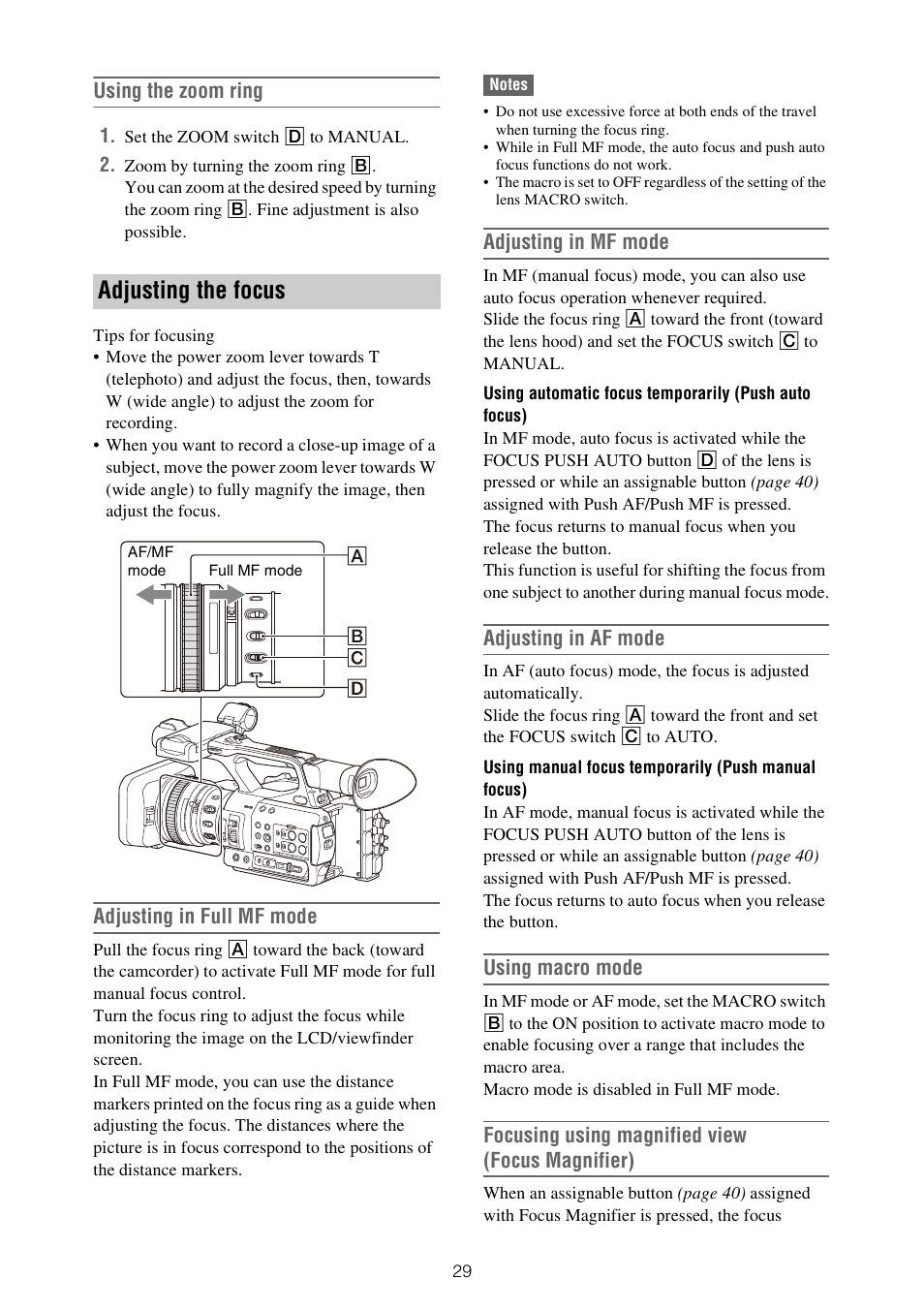 Adjusting the focus, Button, Using the zoom ring | Adjusting in full mf mode, Adjusting in mf mode, Adjusting in af mode, Using macro mode, Focusing using magnified view (focus magnifier) | Sony XDCA-FX9 Extension Unit for PXW-FX9 Camera User Manual | Page 29 / 154