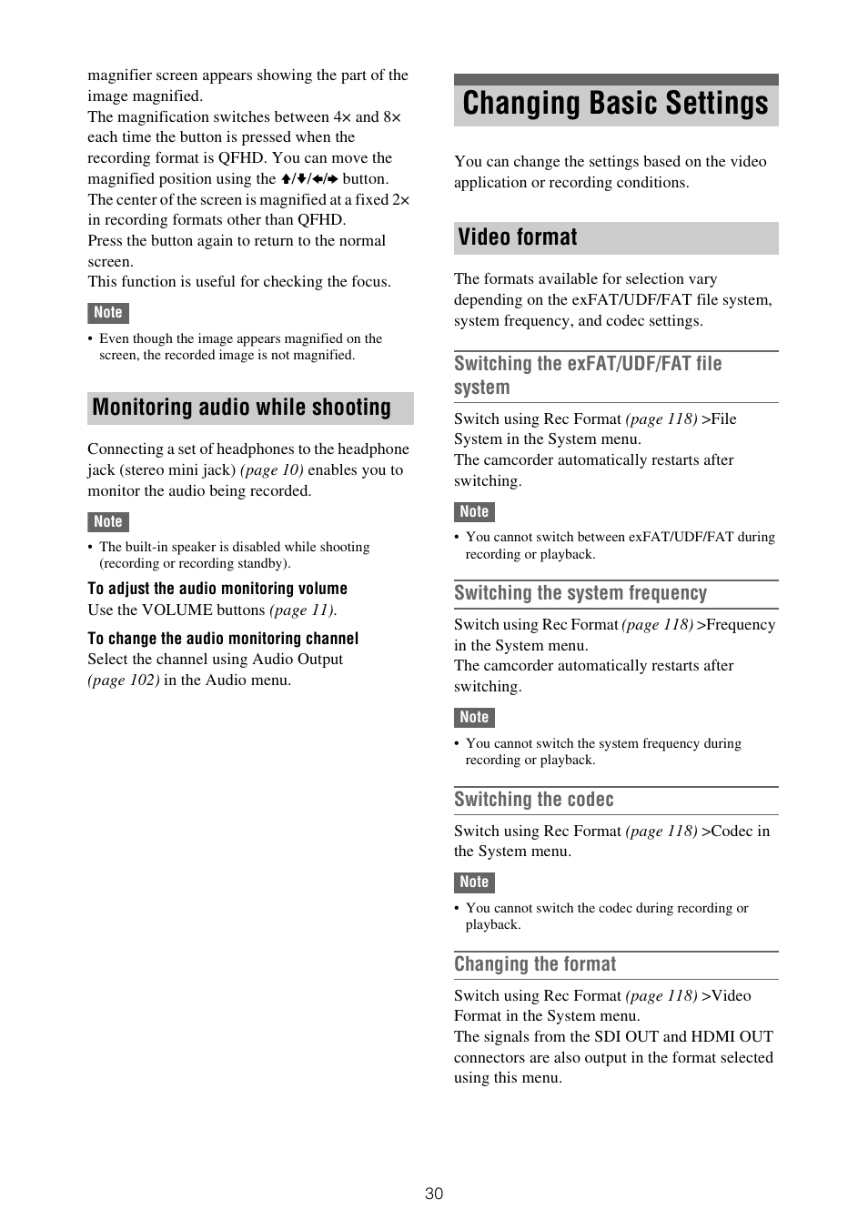 Changing basic settings, Monitoring audio while shooting, Video format | Switching the exfat/udf/fat file system, Switching the system frequency, Switching the codec, Changing the format | Sony XDCA-FX9 Extension Unit for PXW-FX9 Camera User Manual | Page 30 / 154